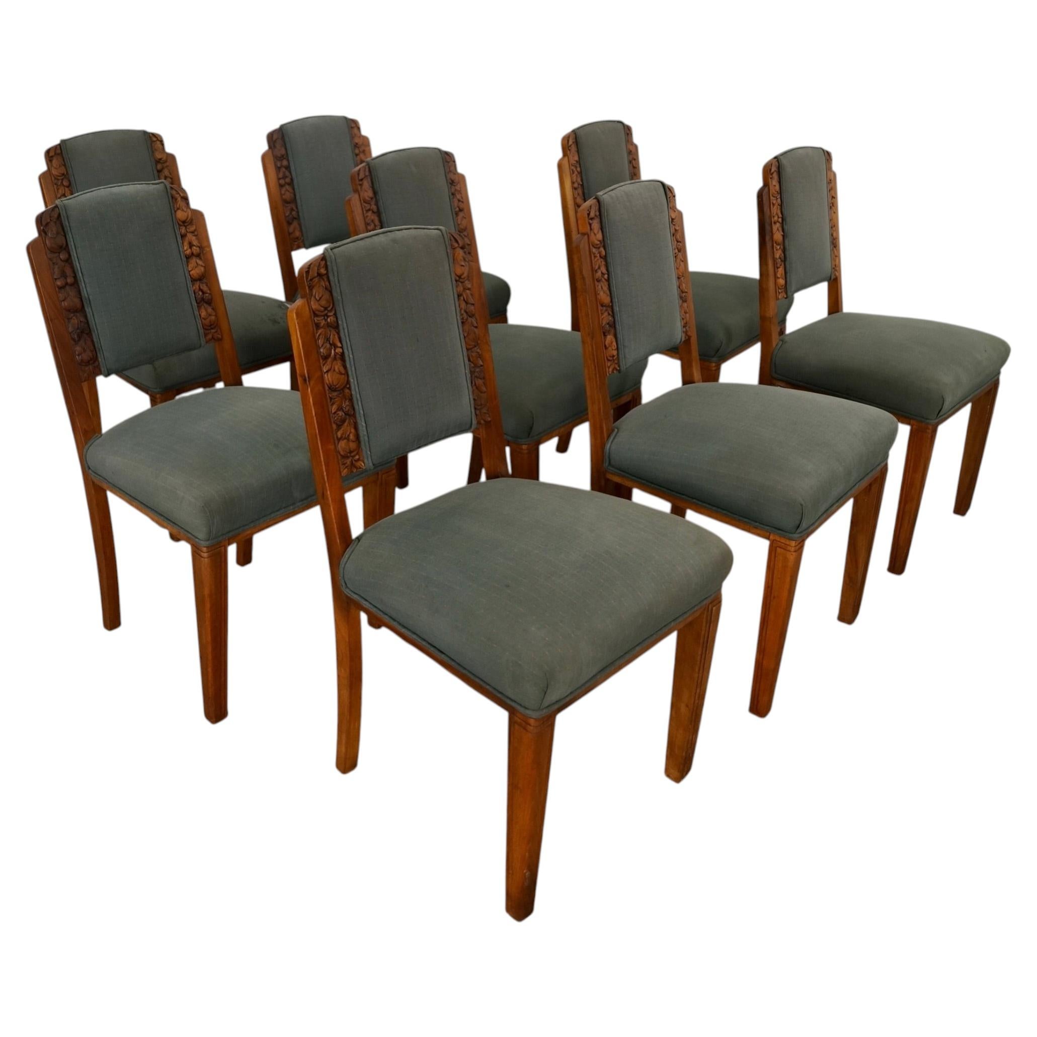 Set Of 8 1930's Art Deco Walnut Dining Chairs