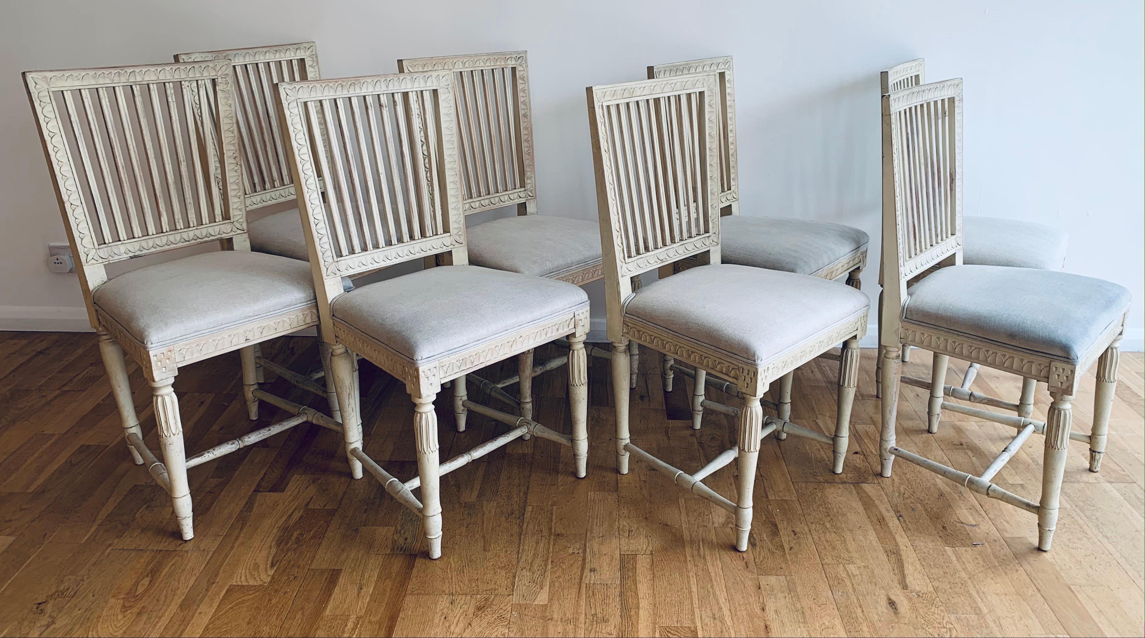 Gustavian Set of 8 1930s Swedish Stick Back Painted Dining Chairs