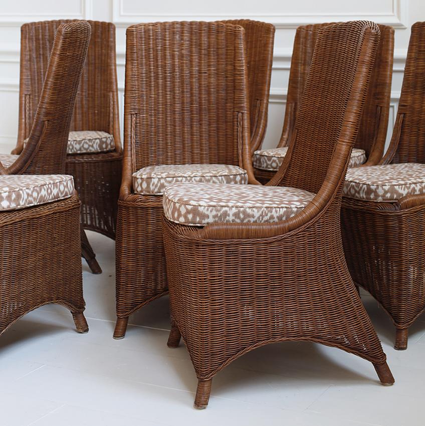 Cotton Set of 8 1950s French Rattan Dining Chairs For Sale