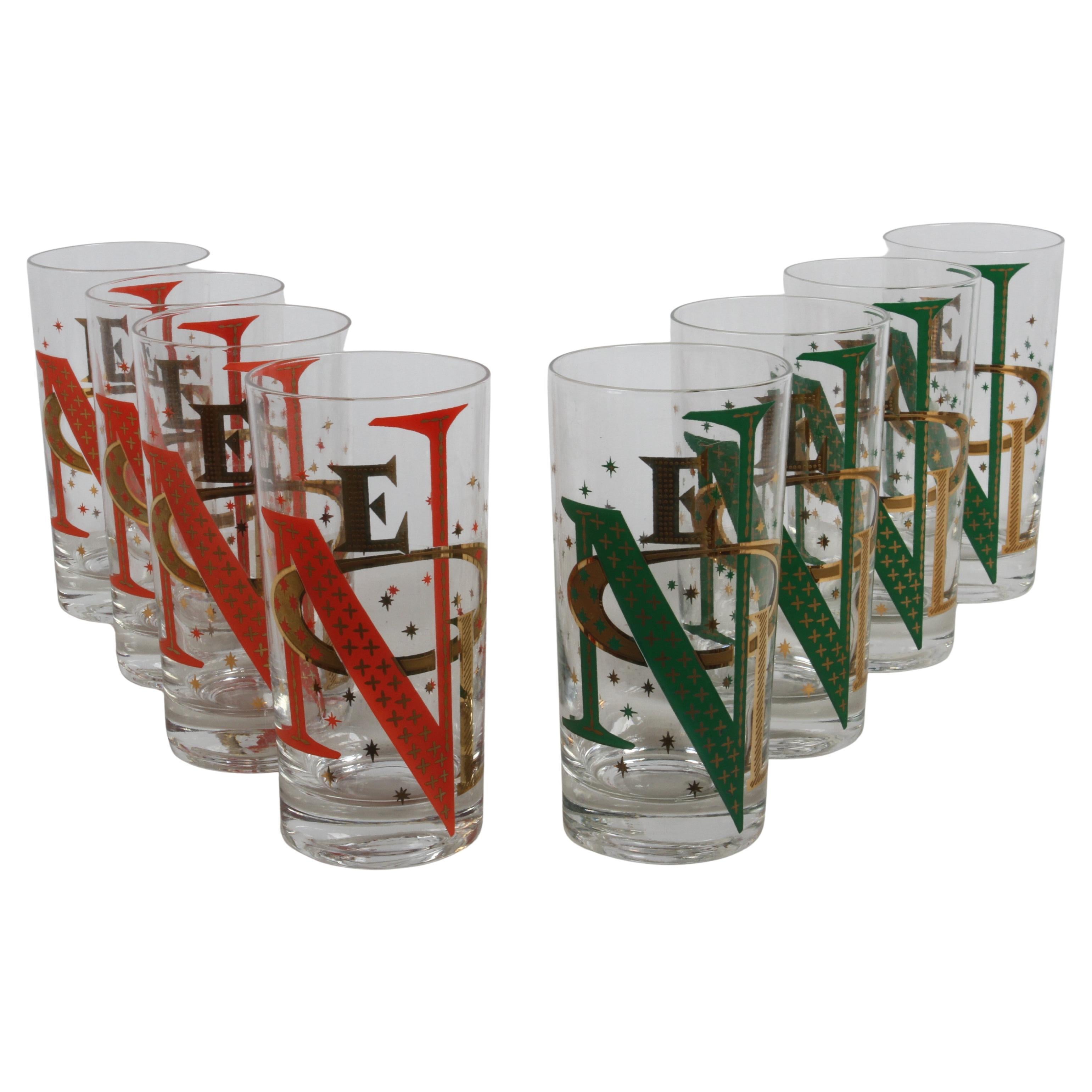 Satz von 8 1960er Jahre Weihnachten Urlaub Thema "Noel" Hi-Ball Drink Gläser von Gay Fad im Angebot