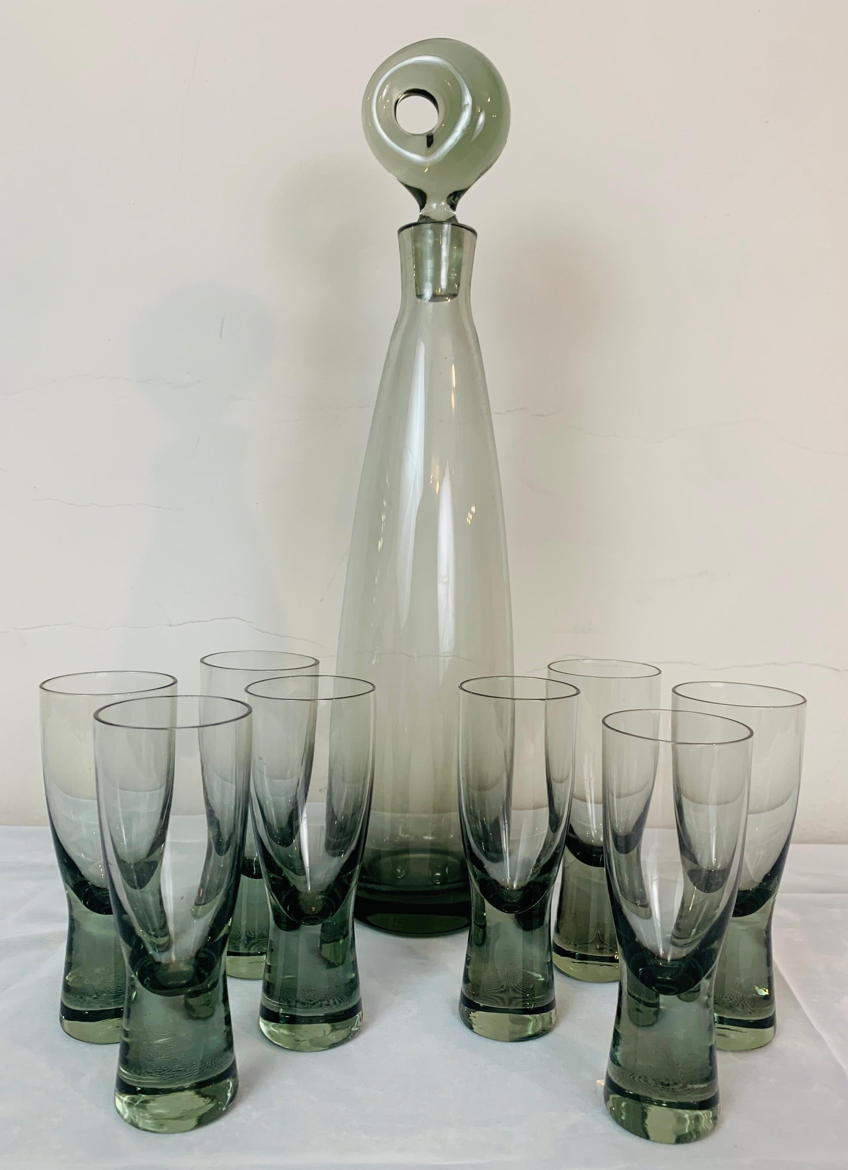 Danish Set of 8 1960s Holmegaard Aperitif Glasses & Aristokat Decanter by Per Lütken