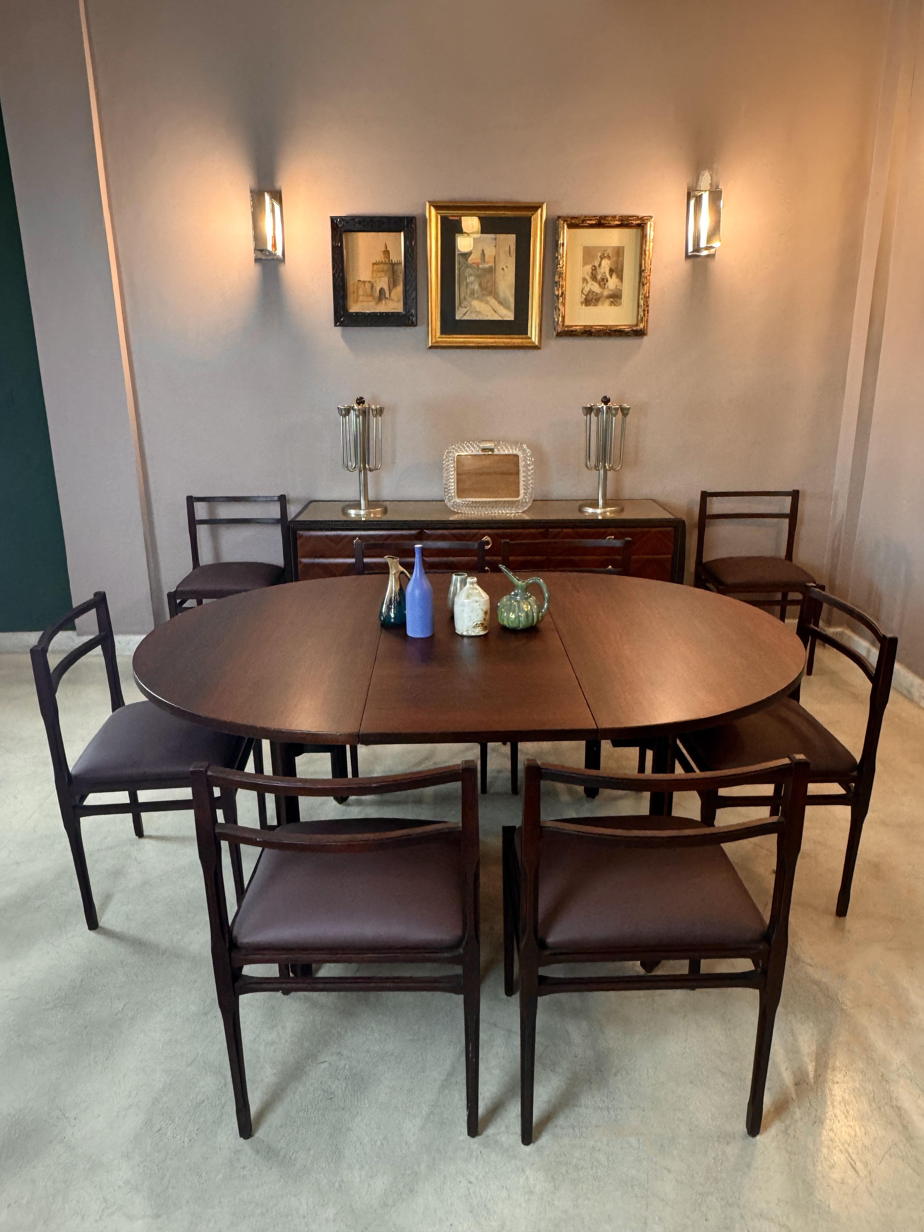 Mid-Century Modern Set of 8 1970s Italian Leather & Wooden Dining Chairs in the Style of Stildomus For Sale