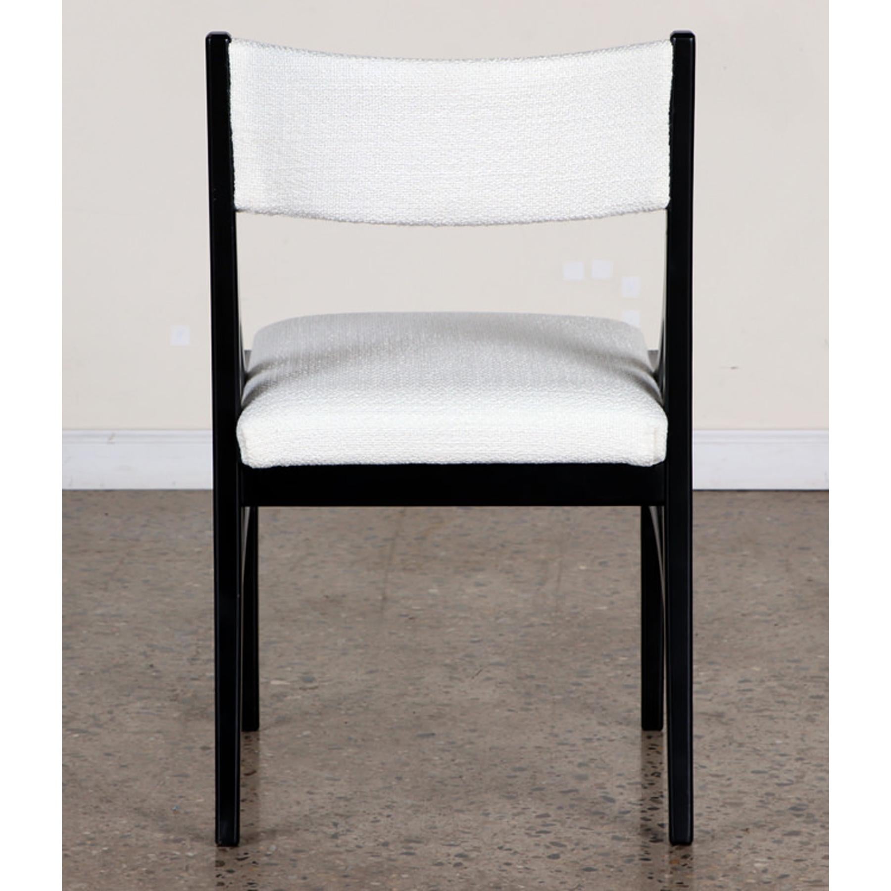 Set of vintage Ebonized Wood Dining Chairs with contemporary Boucle upholstory In Good Condition For Sale In Sausalito, CA