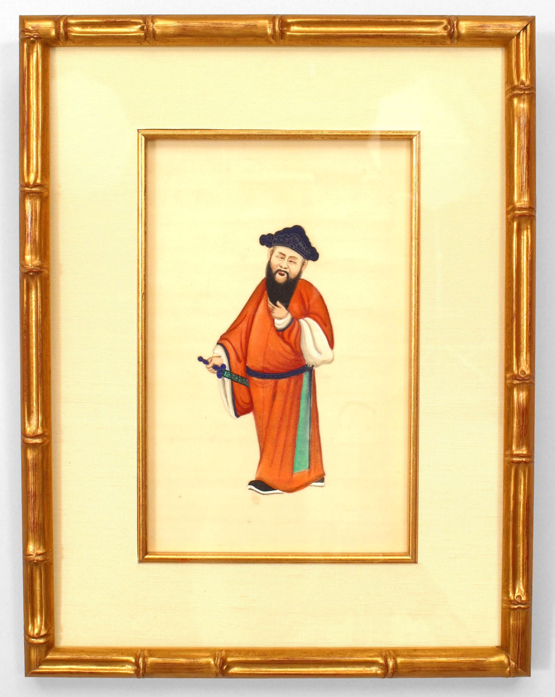 Set of 8 Asian Chinese (19th century) gouache paintings of traditionally clad figures framed in modern gilt faux bamboo frames.
