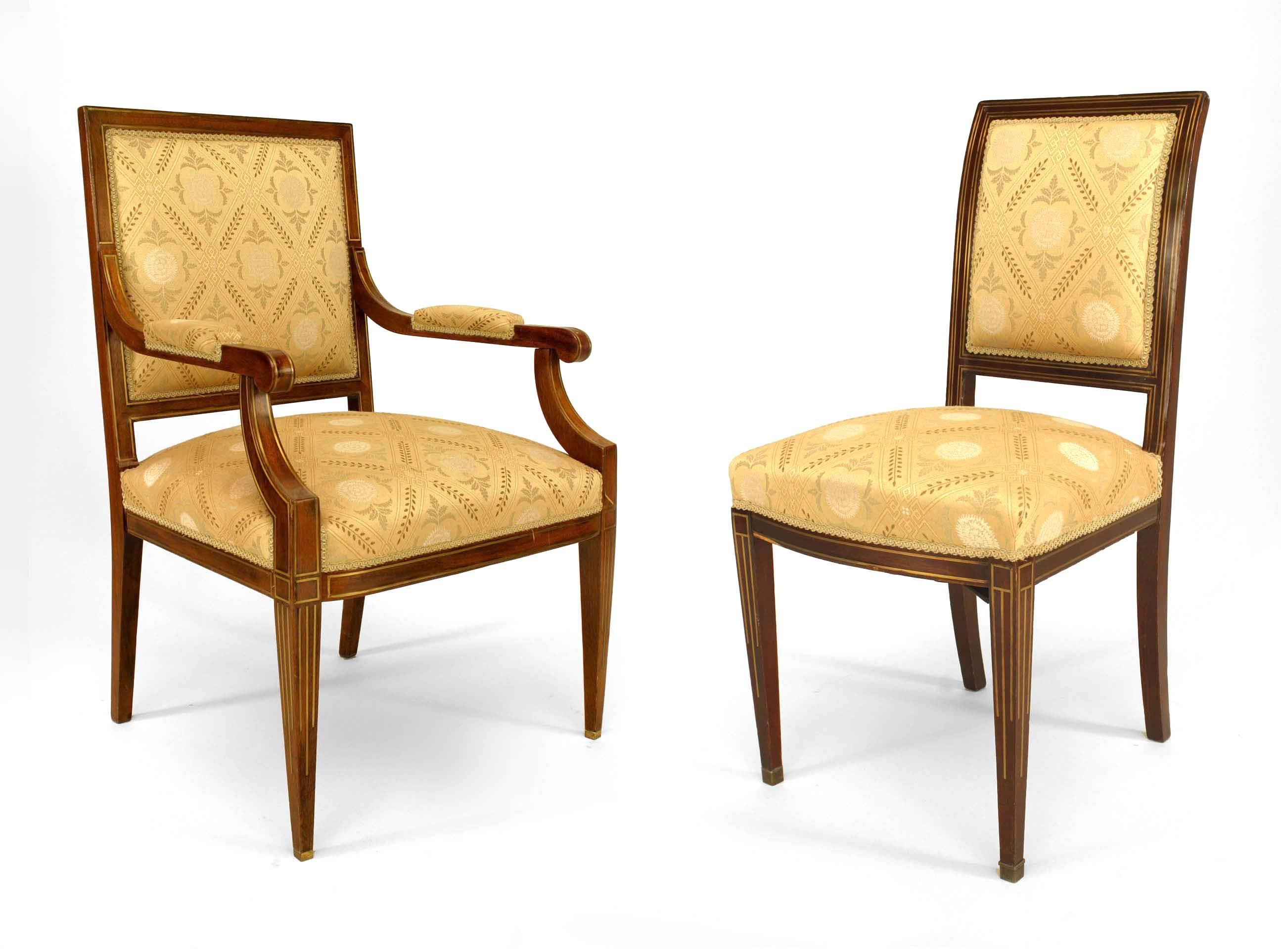 Set of 8 Continental Baltic (19th Cent) mahogany square back chairs with inlaid brass banding on square tapered legs and upholstered seat & back. 6 side chairs: 17¬Ω