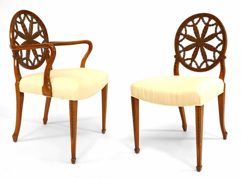 Set of 8 English Adam style (19th Century) satinwood chairs with carved open wheel back design and beige upholstered seat (2 arm chairs, 6 side chairs)
