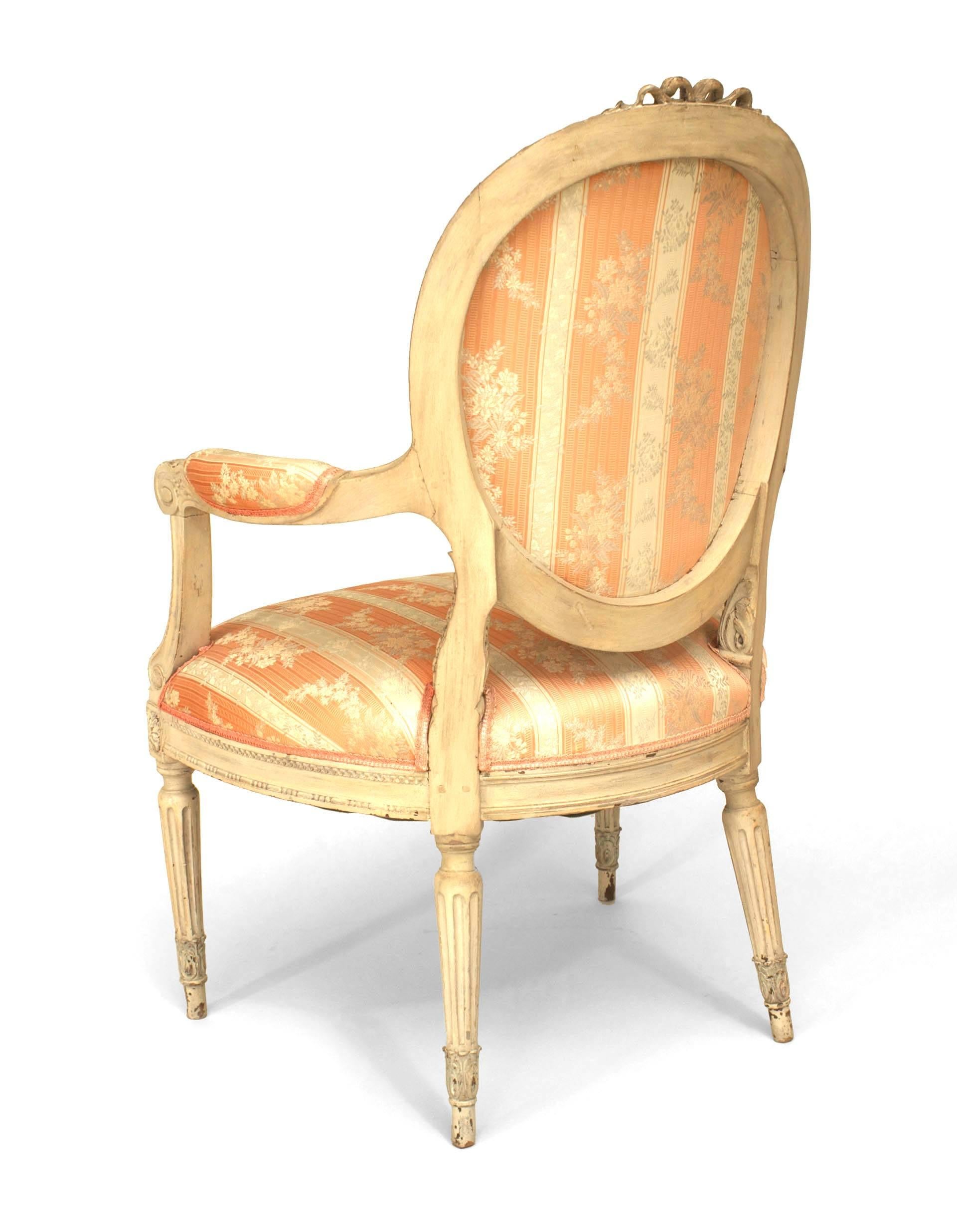Wood Set of 8 French Louis XVI Damask Dining Chairs For Sale
