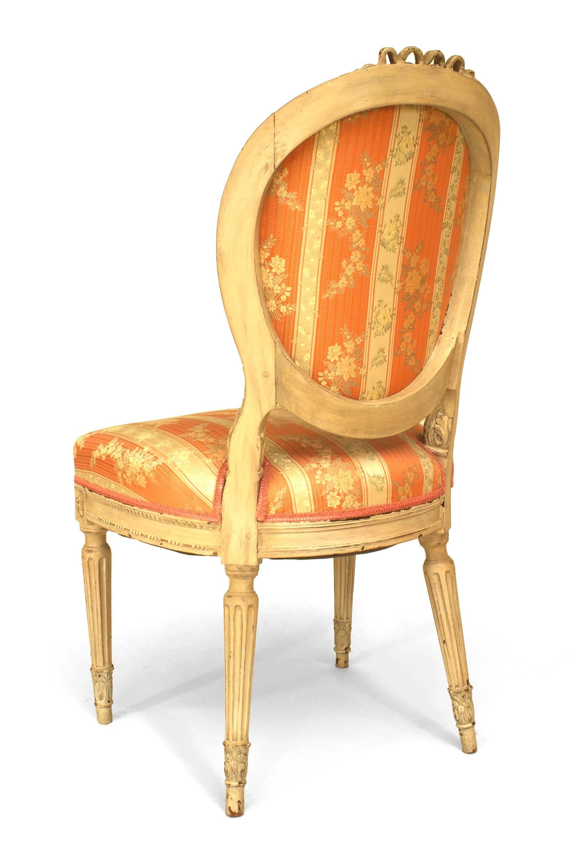 Set of 8 French Louis XVI Damask Dining Chairs For Sale 1
