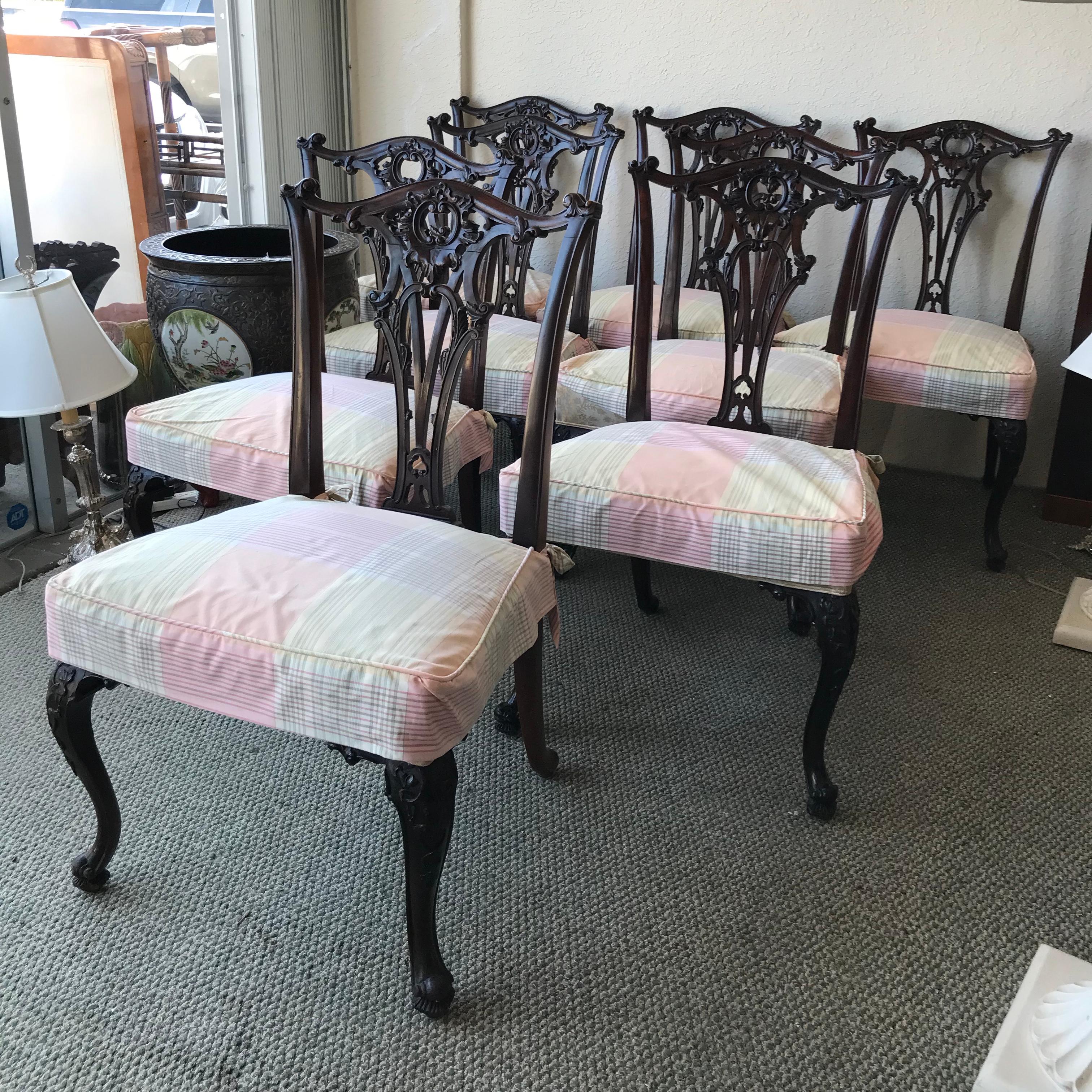Hand-Carved Set of 8 19th Century Chippendale Style English Dining Chairs