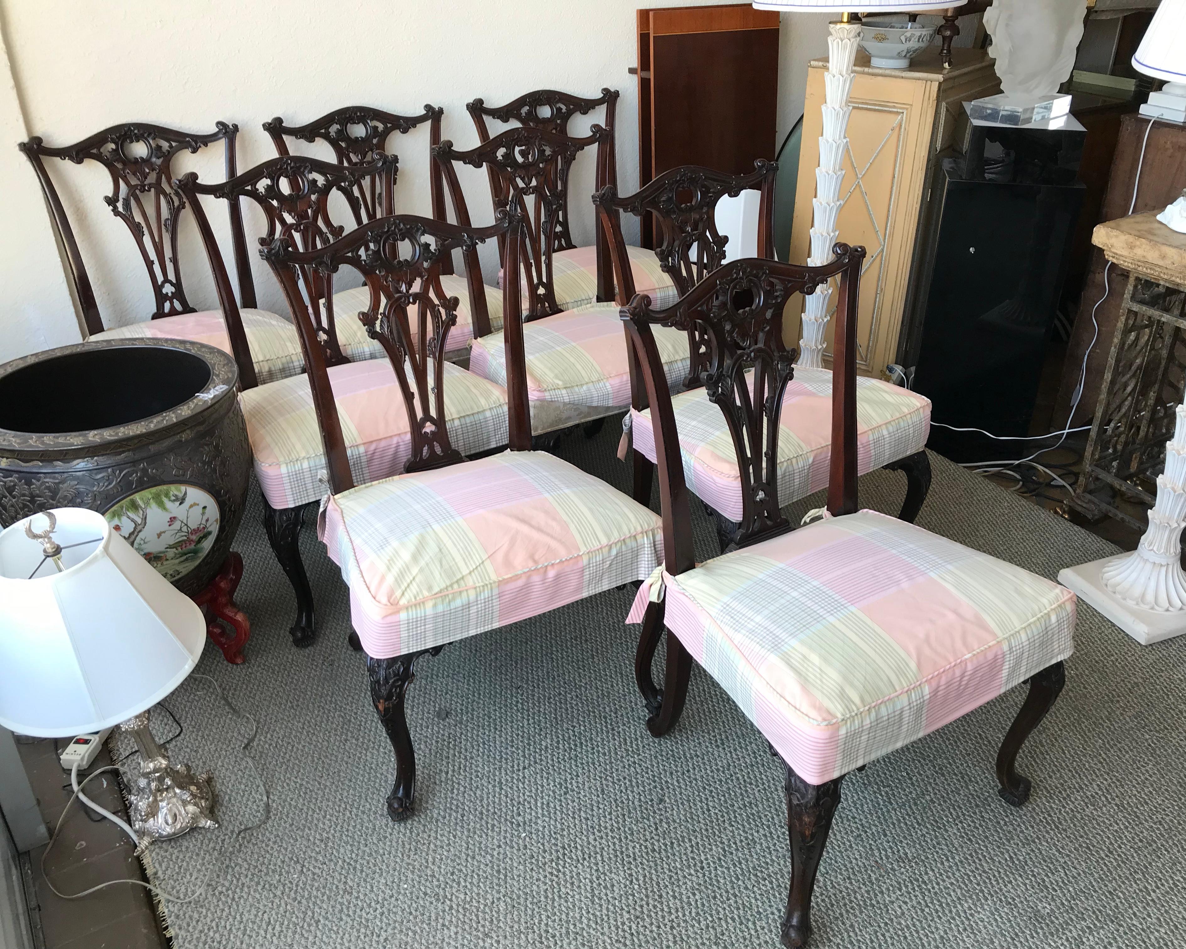 Textile Set of 8 19th Century Chippendale Style English Dining Chairs