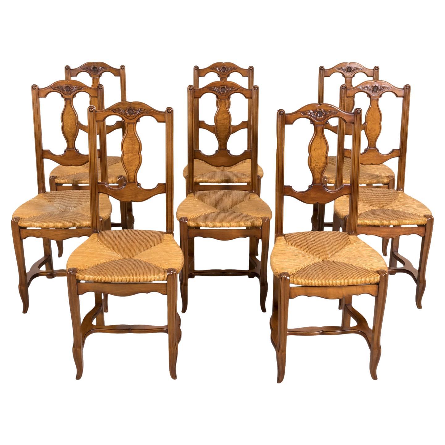 Set of 8 19th Century Country French Louis XV Style Carved Walnut Dining Chairs For Sale