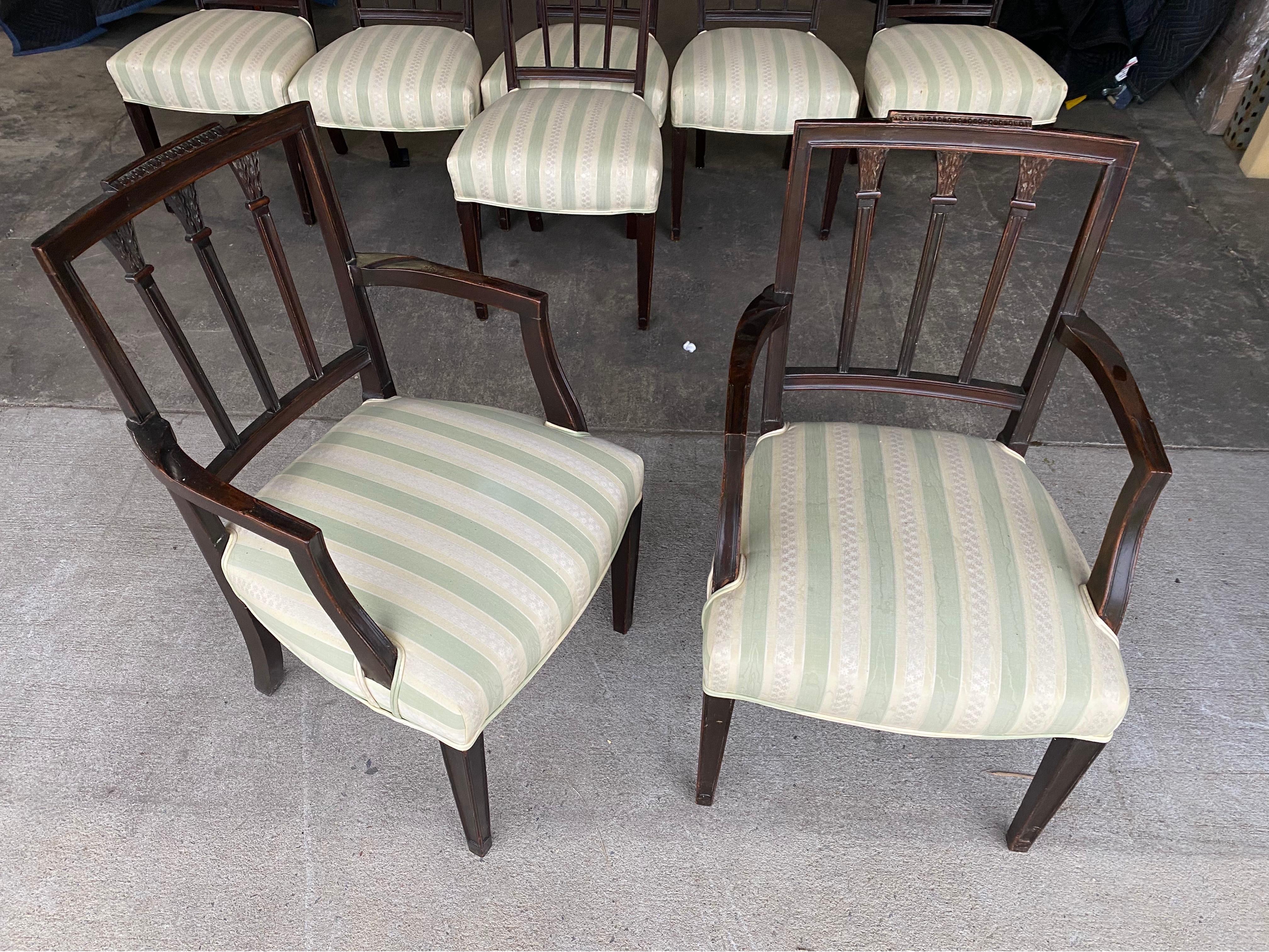 Great set of 8 19th century English mahogany dining chairs. Two arm chairs and six side chairs. All in good condition. Upholstery has a few spots and could be redone or have covers made. 

Measures: Side chairs- 35 height x 19 width x 20.5