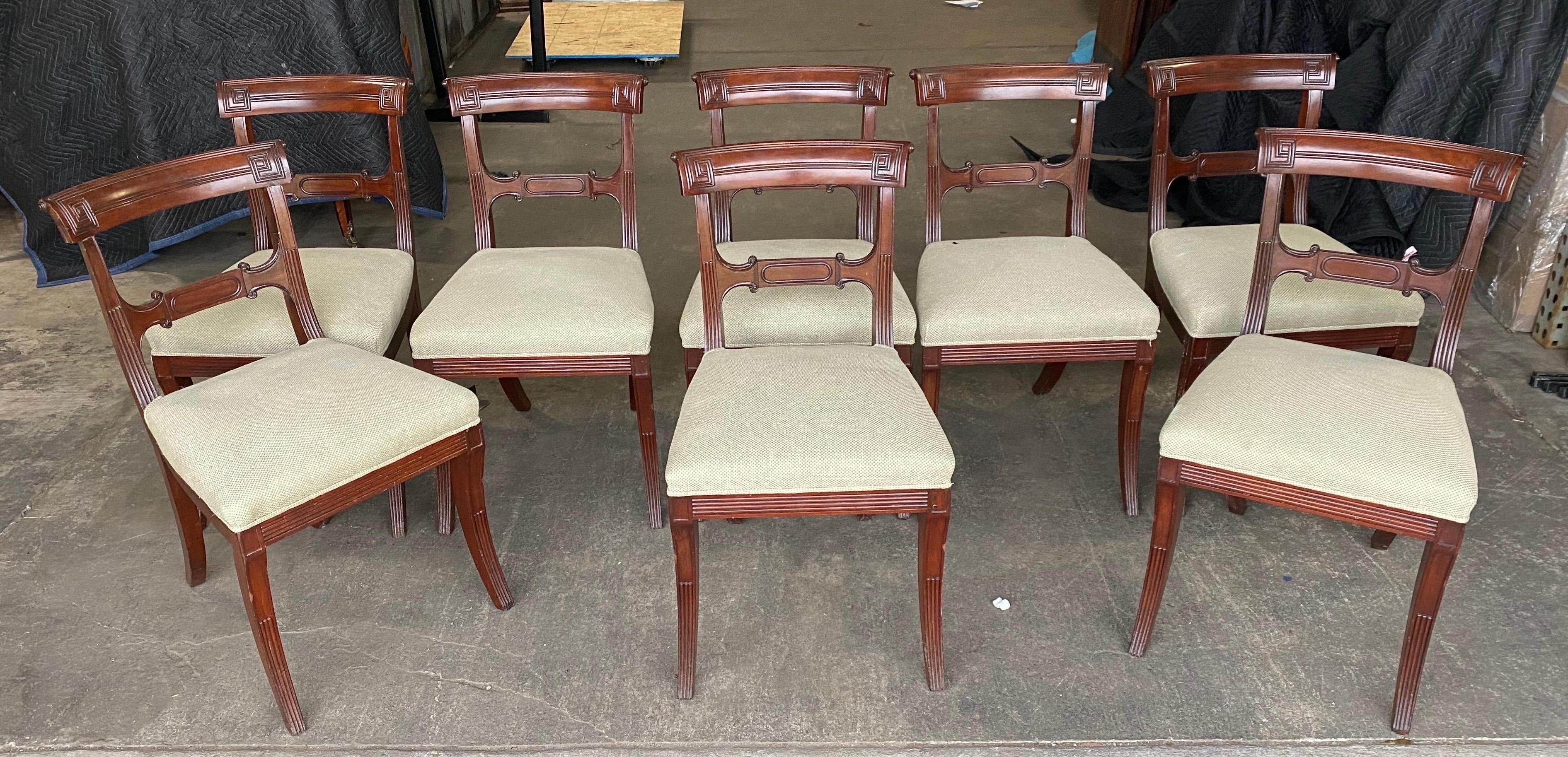 Great set of 8 19th century English mahogany side chairs with Greek Key backsplats and saber legs.