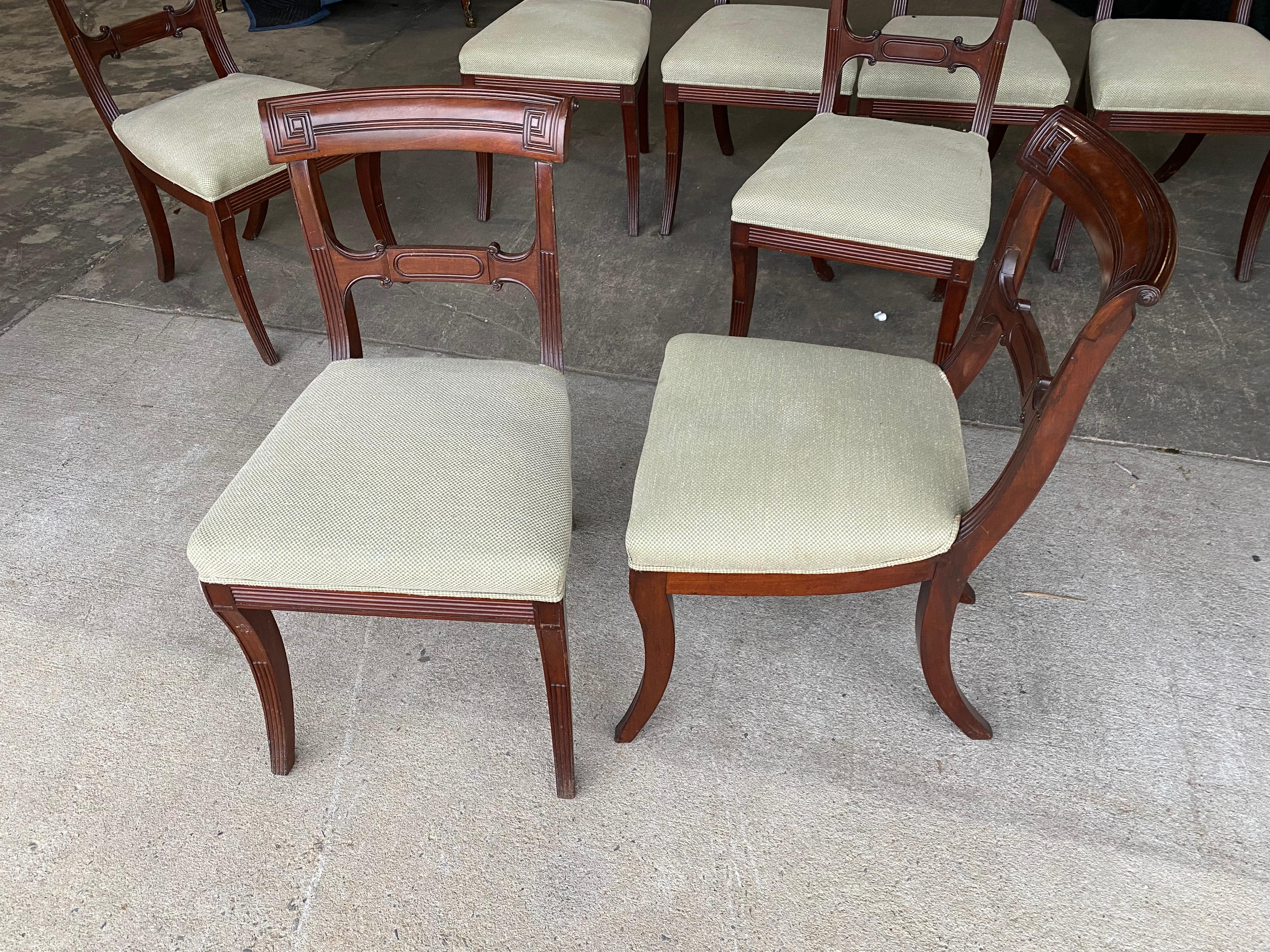 Set of 8 19th Century English Mahogany Side Chairs with Greek Key and Saber Legs For Sale 1