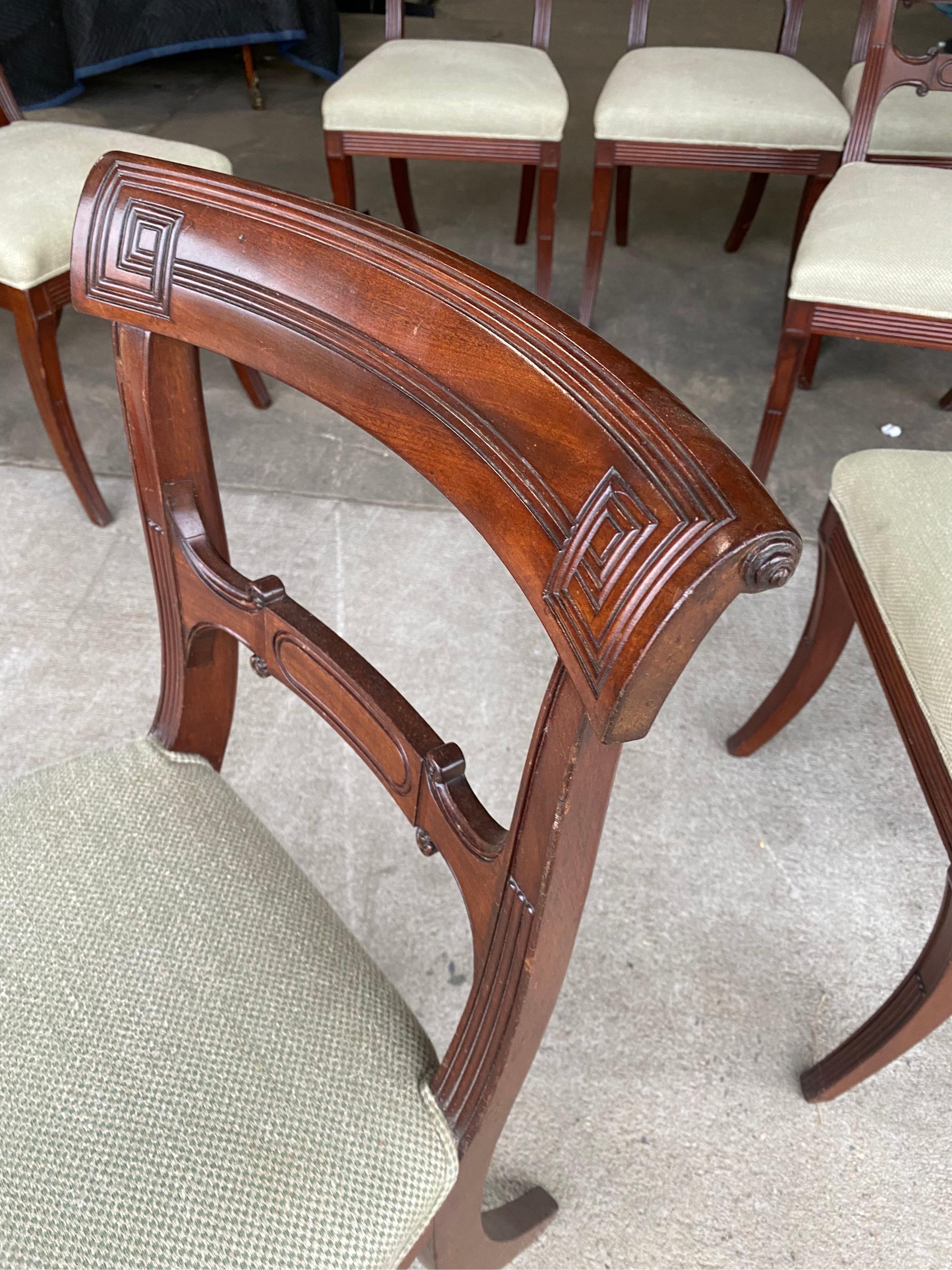 Set of 8 19th Century English Mahogany Side Chairs with Greek Key and Saber Legs For Sale 3