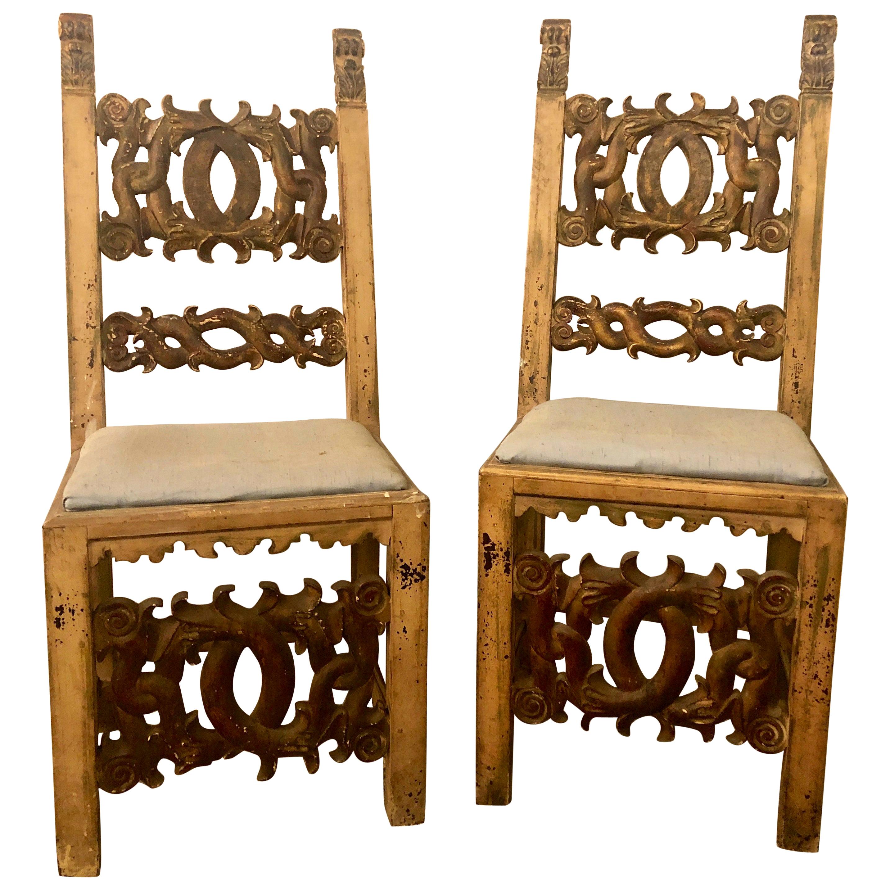 Set of 8 19th Century Italian Renaissance Revival Carved Dining Chairs and Table