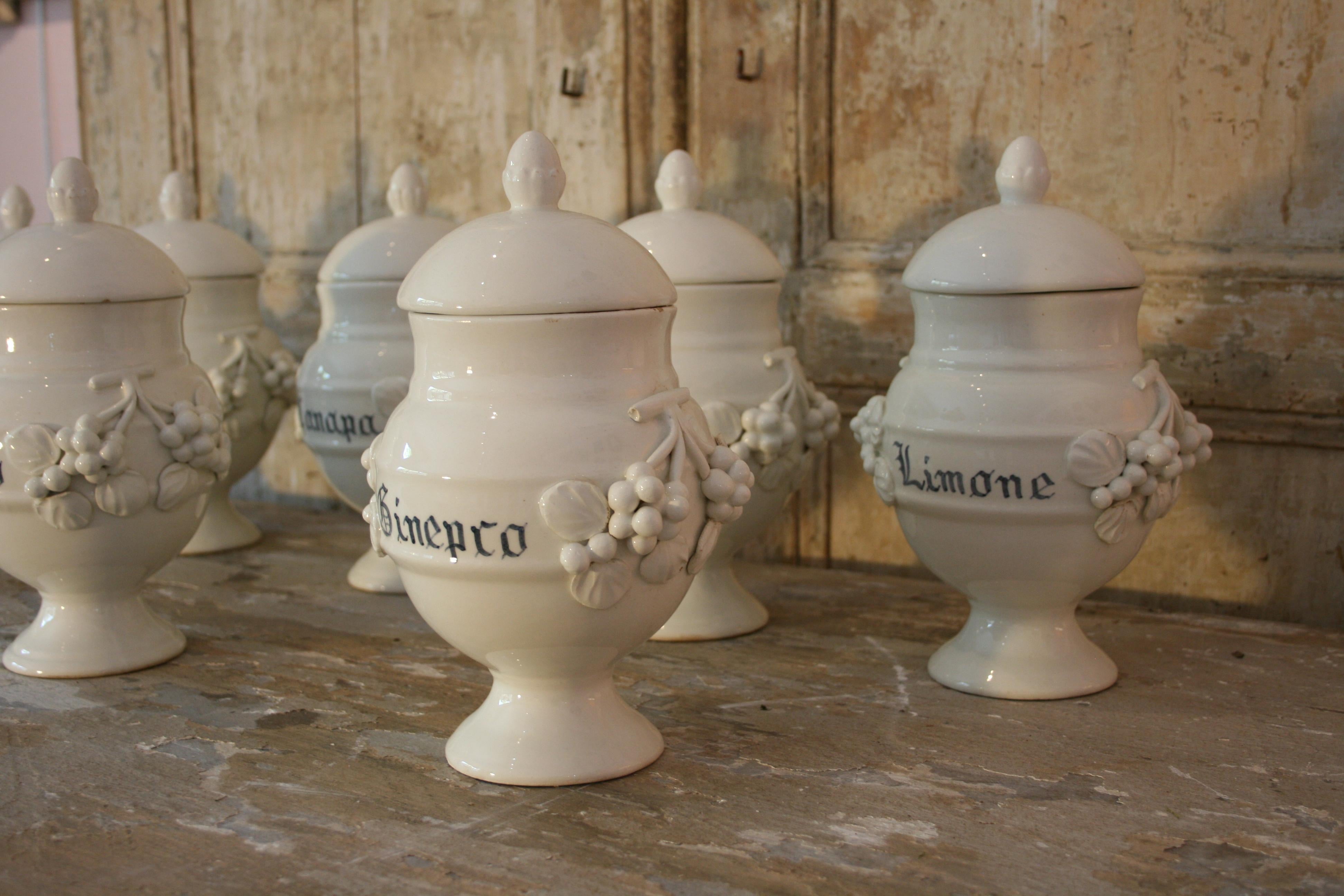 Fantastic set of 8 19th century Italian apothecary or pharmacy jars in near perfect condition. Beautiful rounded shape with lids, embossed fruits applications on glazed earthenware & delicate blue script, stamped to the underneath with M and a