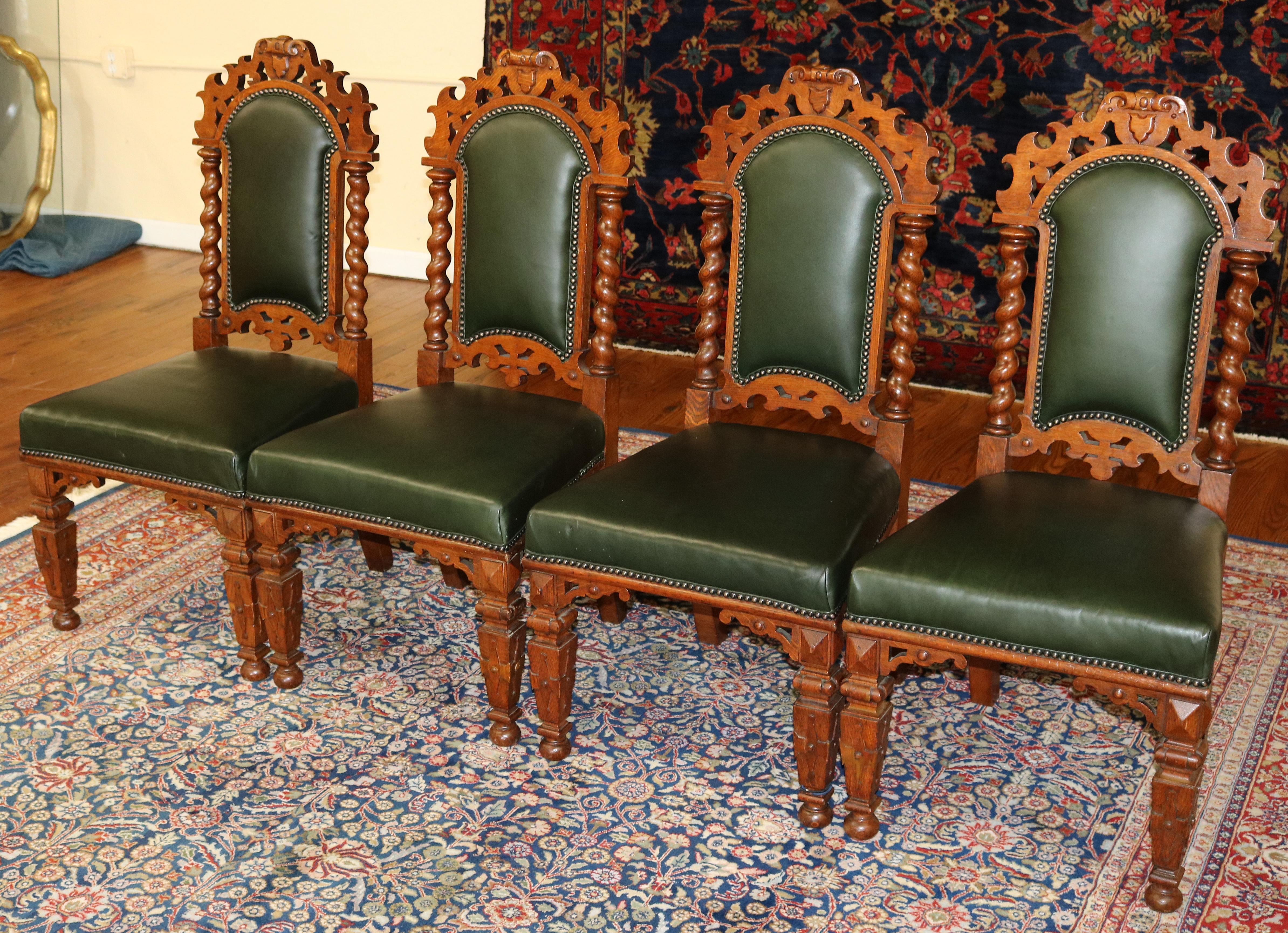 Satz von 8 viktorianischen Barley Twist-Esszimmerstühlen aus Eiche und grünem Leder aus dem 19. Jahrhundert im Angebot 5