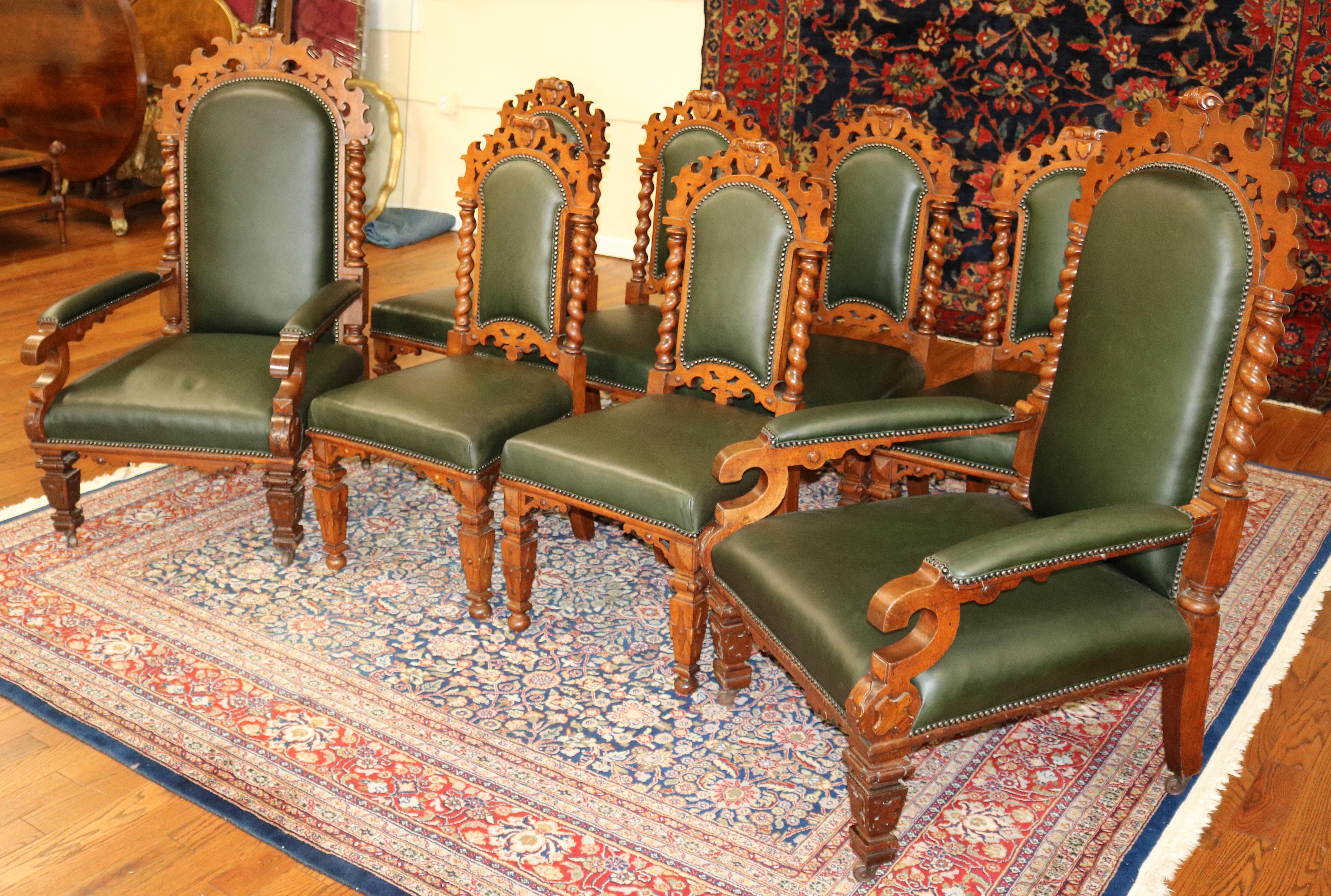 American Set of 8 19th Century Victorian Barley Twist Oak & Green Leather Dining Chairs For Sale