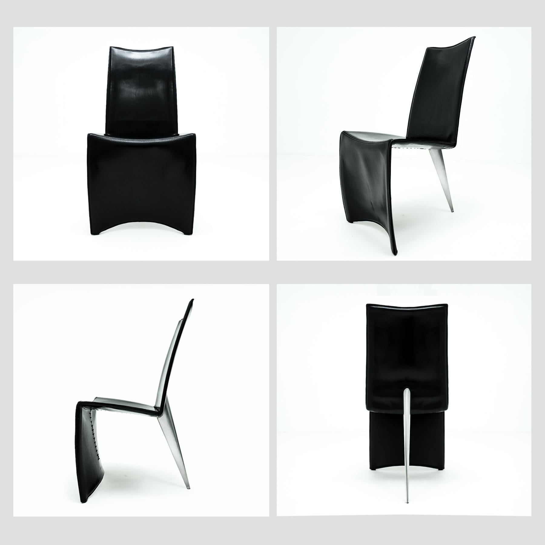 Set of 8 1st Edition Philippe Starck Black Leather and Aluminum Ed Archer chairs For Sale 5