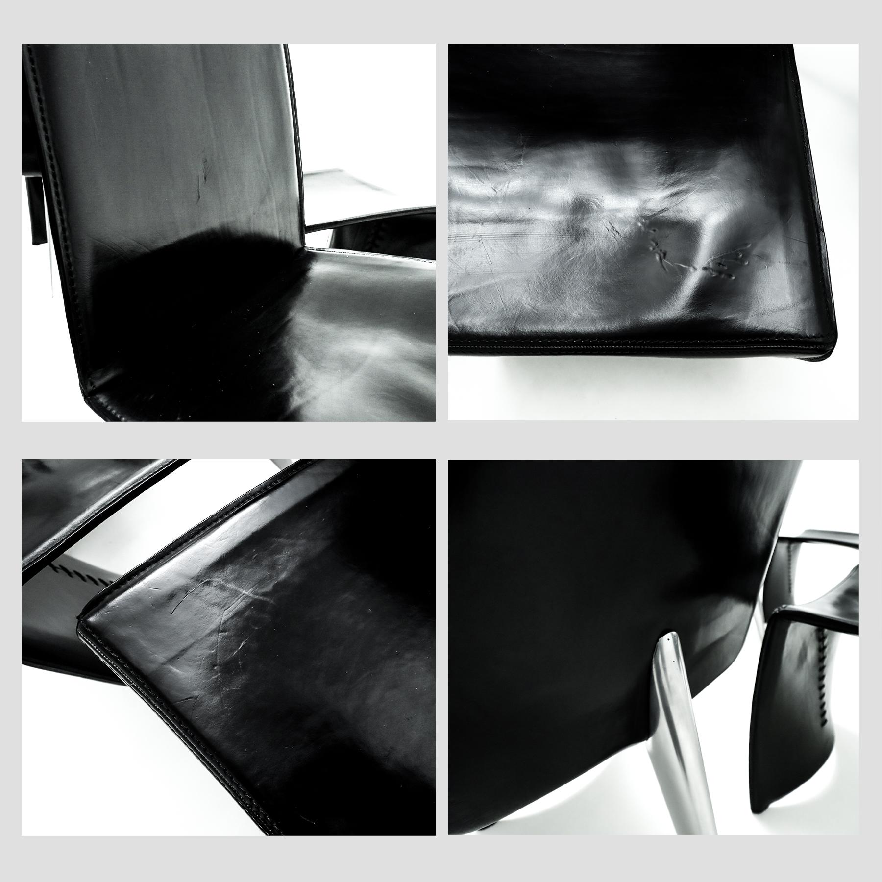 Set of 8 1st Edition Philippe Starck Black Leather and Aluminum Ed Archer chairs For Sale 6