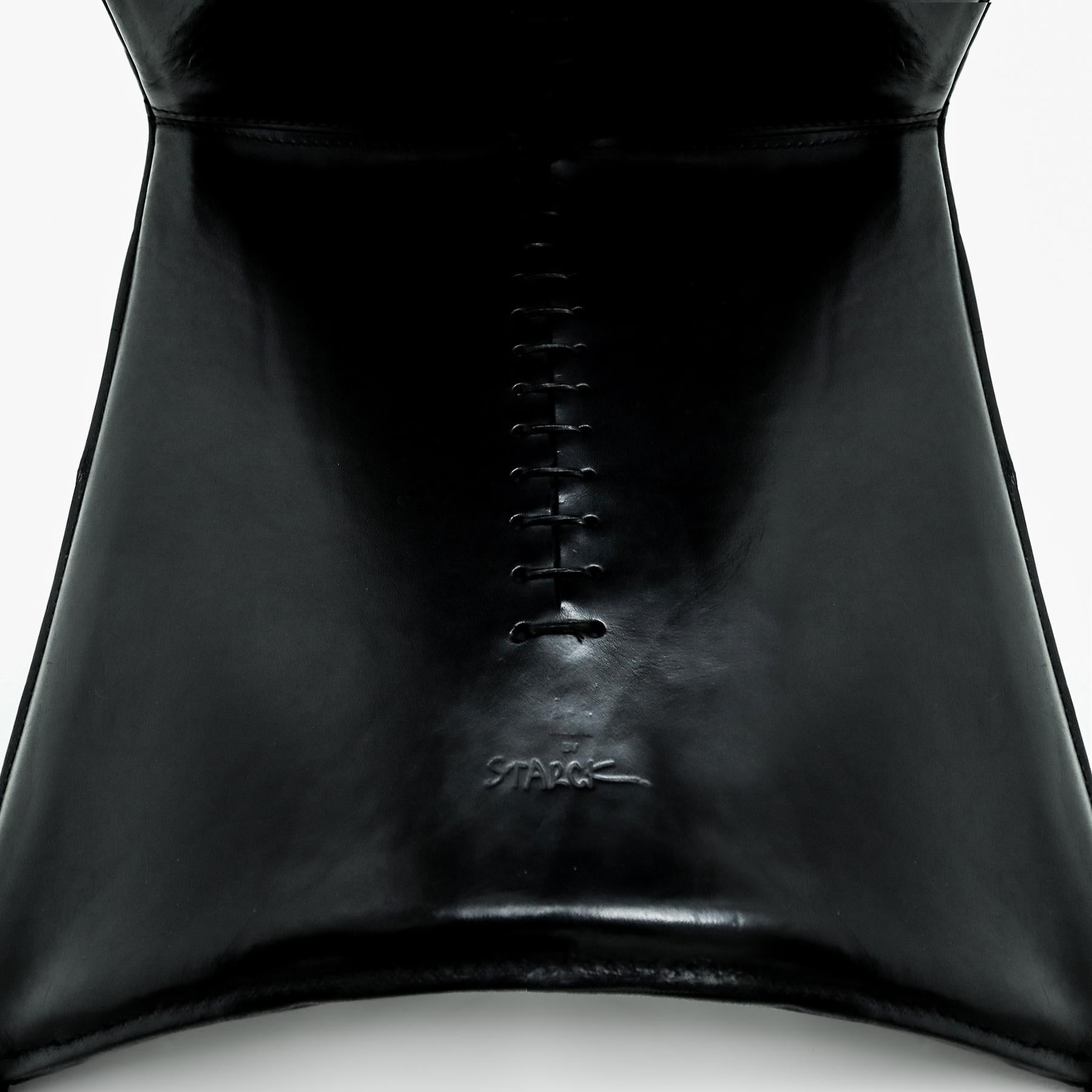 Set of 8 1st Edition Philippe Starck Black Leather and Aluminum Ed Archer chairs For Sale 7