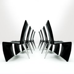 Lot de 8 chaises 1ère édition Philippe Starck en cuir noir et aluminium Ed Archer
