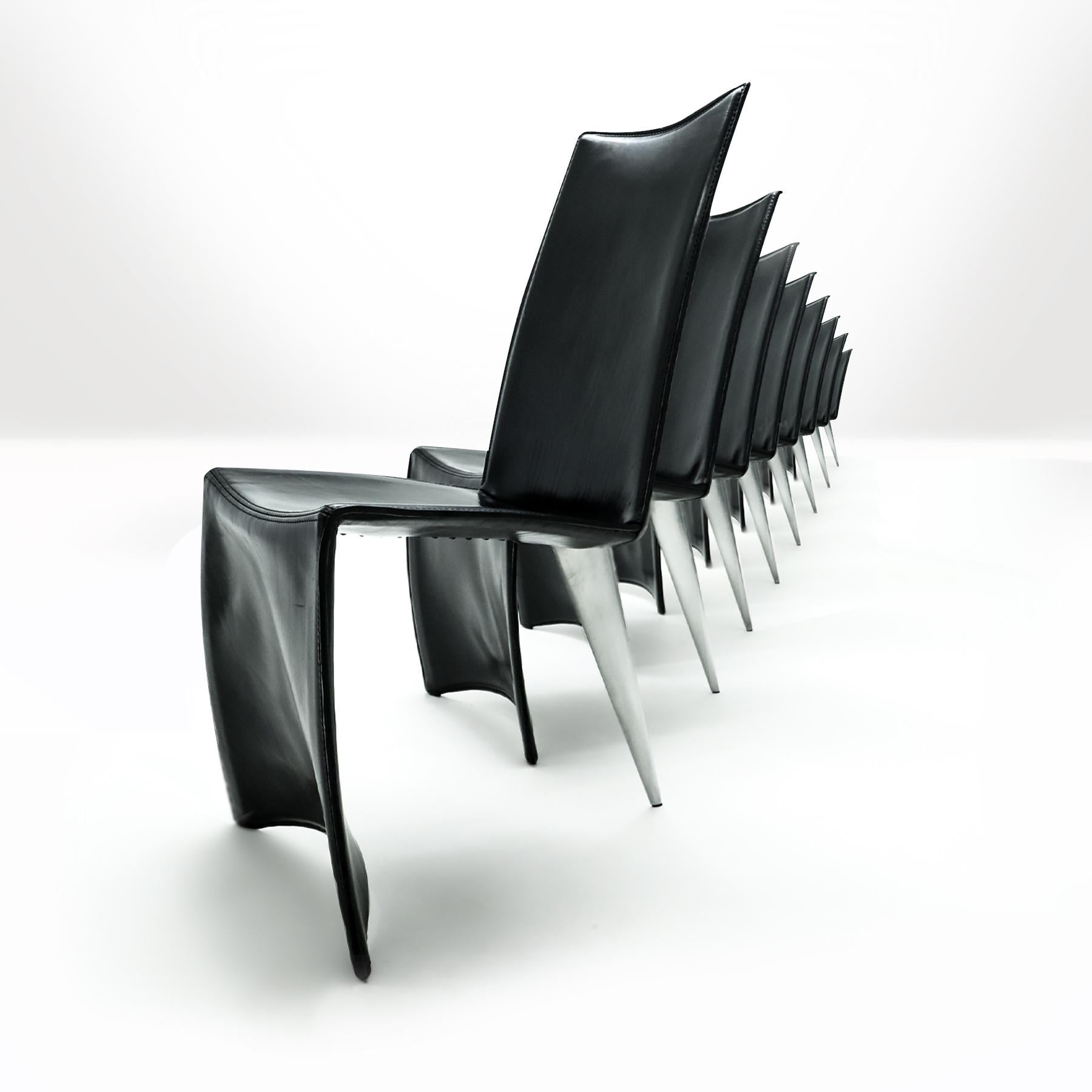 Italian Set of 8 1st Edition Philippe Starck Black Leather and Aluminum Ed Archer chairs For Sale