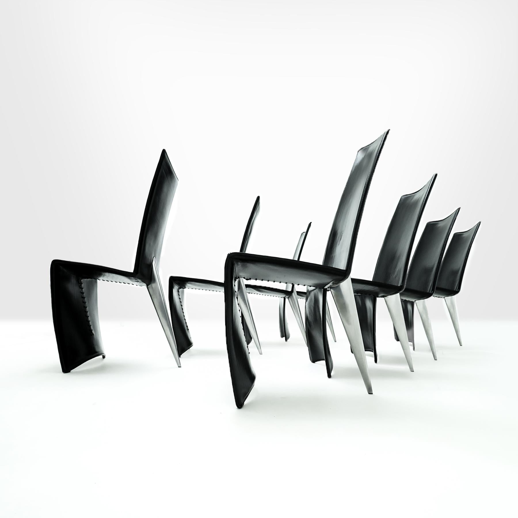 Set of 8 1st Edition Philippe Starck Black Leather and Aluminum Ed Archer chairs In Good Condition For Sale In Highclere, Newbury