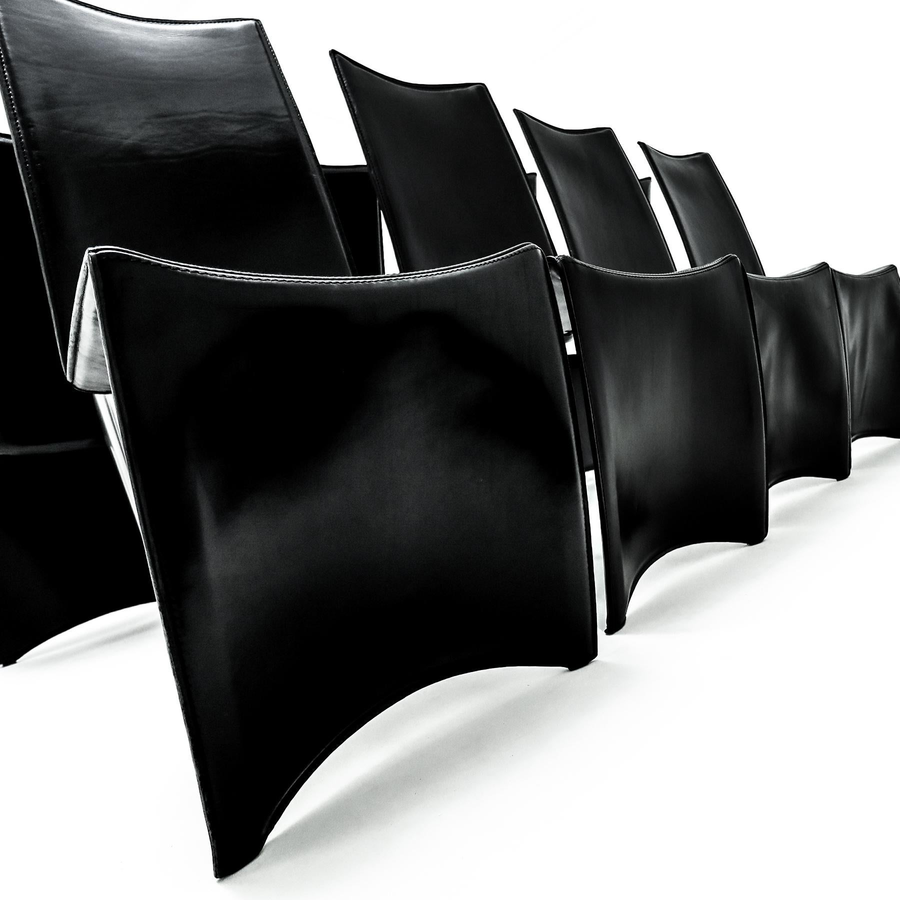 Late 20th Century Set of 8 1st Edition Philippe Starck Black Leather and Aluminum Ed Archer chairs For Sale