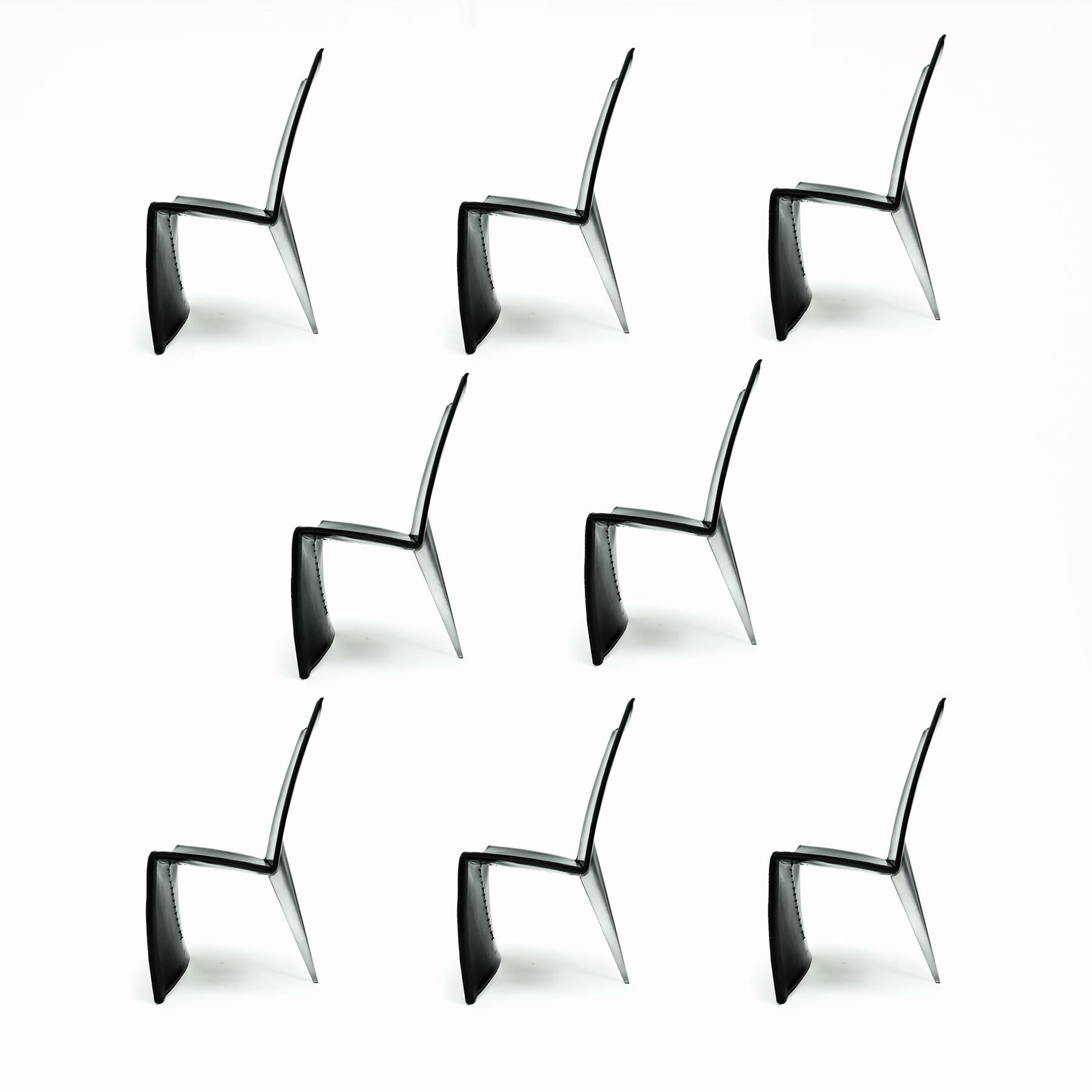 Set of 8 1st Edition Philippe Starck Black Leather and Aluminum Ed Archer chairs For Sale 4