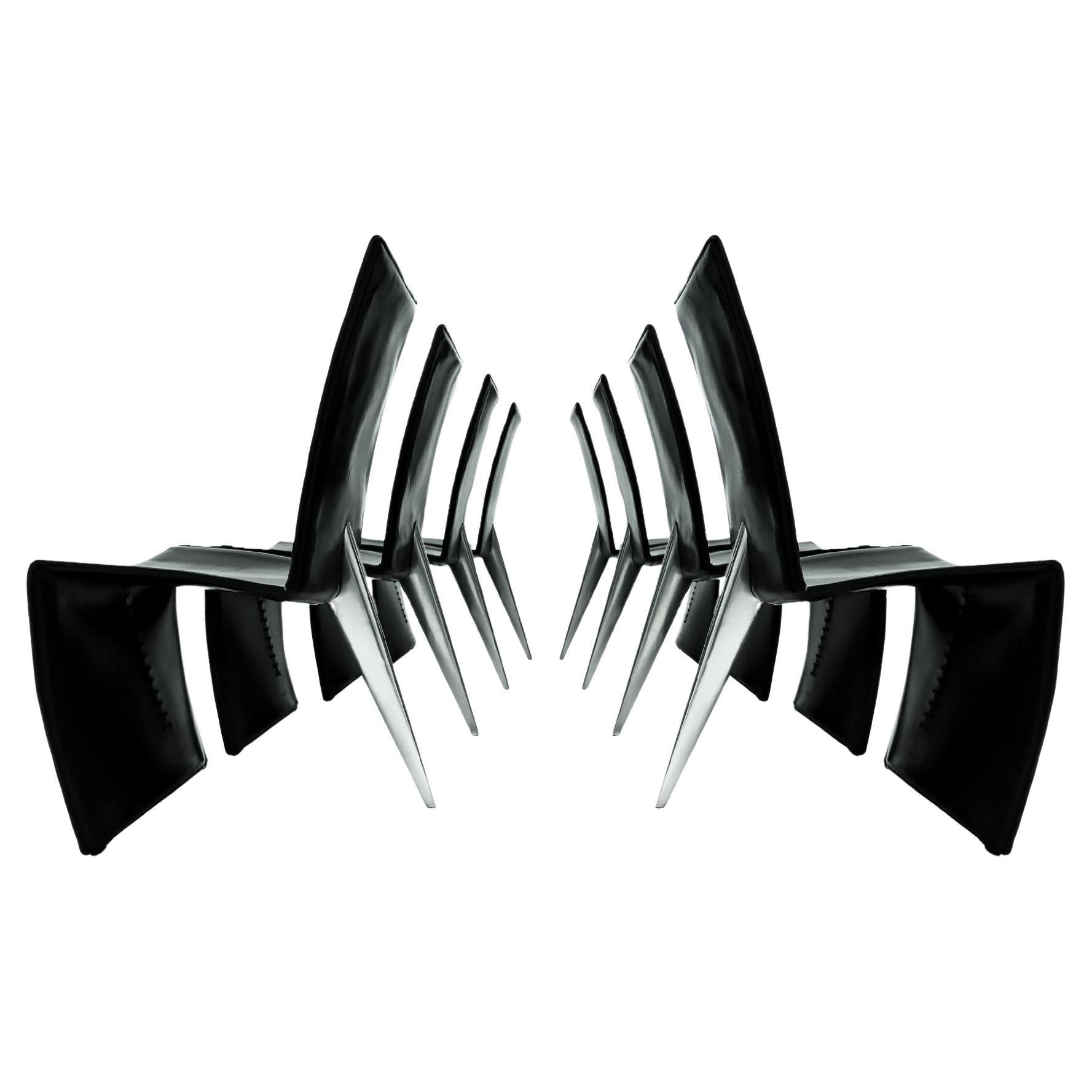 Set of 8 1st Edition Philippe Starck Black Leather and Aluminum Ed Archer chairs For Sale