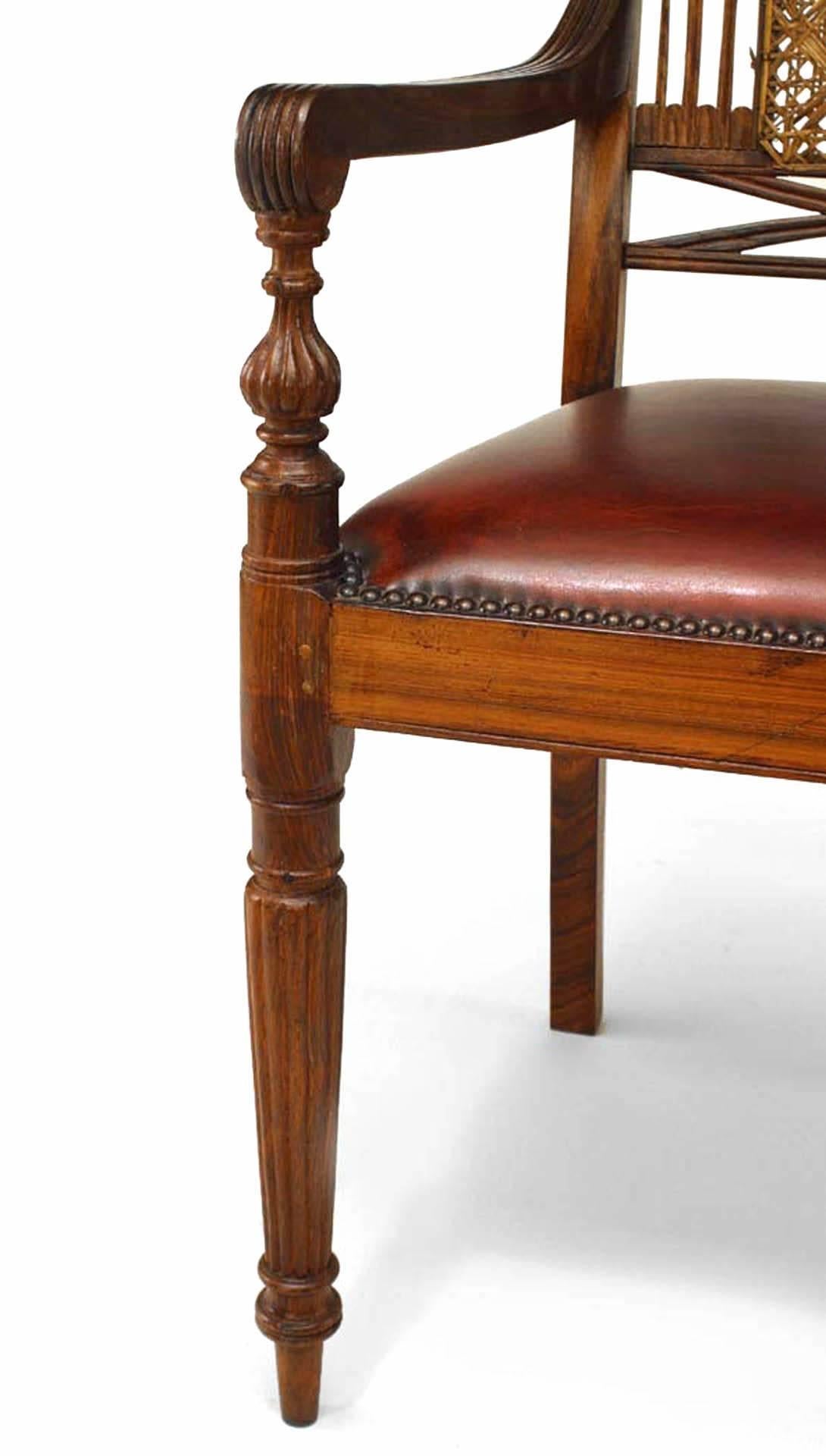 Hardwood Set of 8 English Anglo Indian Leather Arm Chairs For Sale