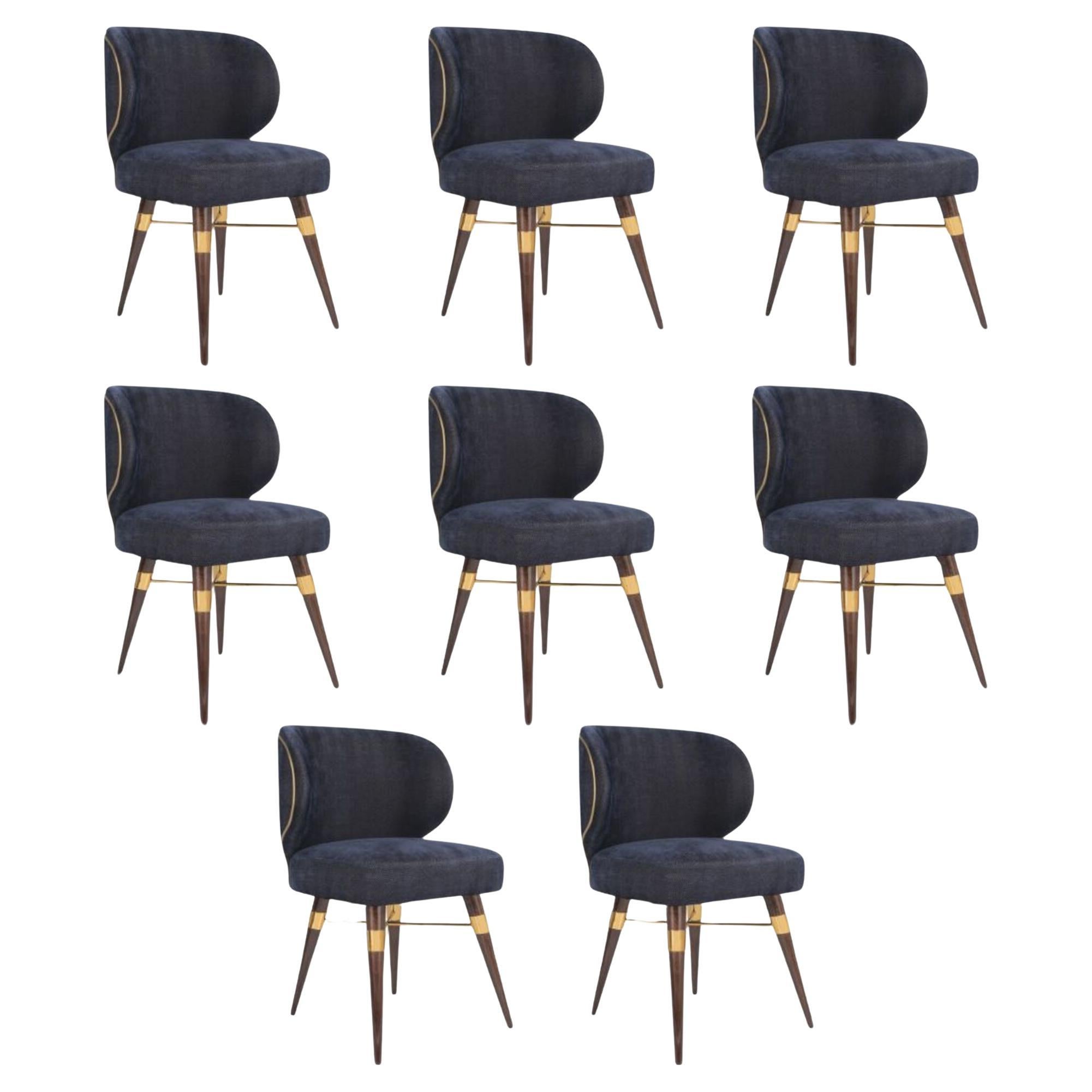 Set of 8 21st Century Jacquard Velvet Louis Dining Chair Brass Wood by Ottiu