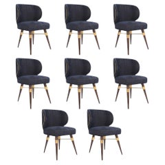 Set of 8 21st Century Jacquard Velvet Louis Dining Chair Brass Wood by Ottiu