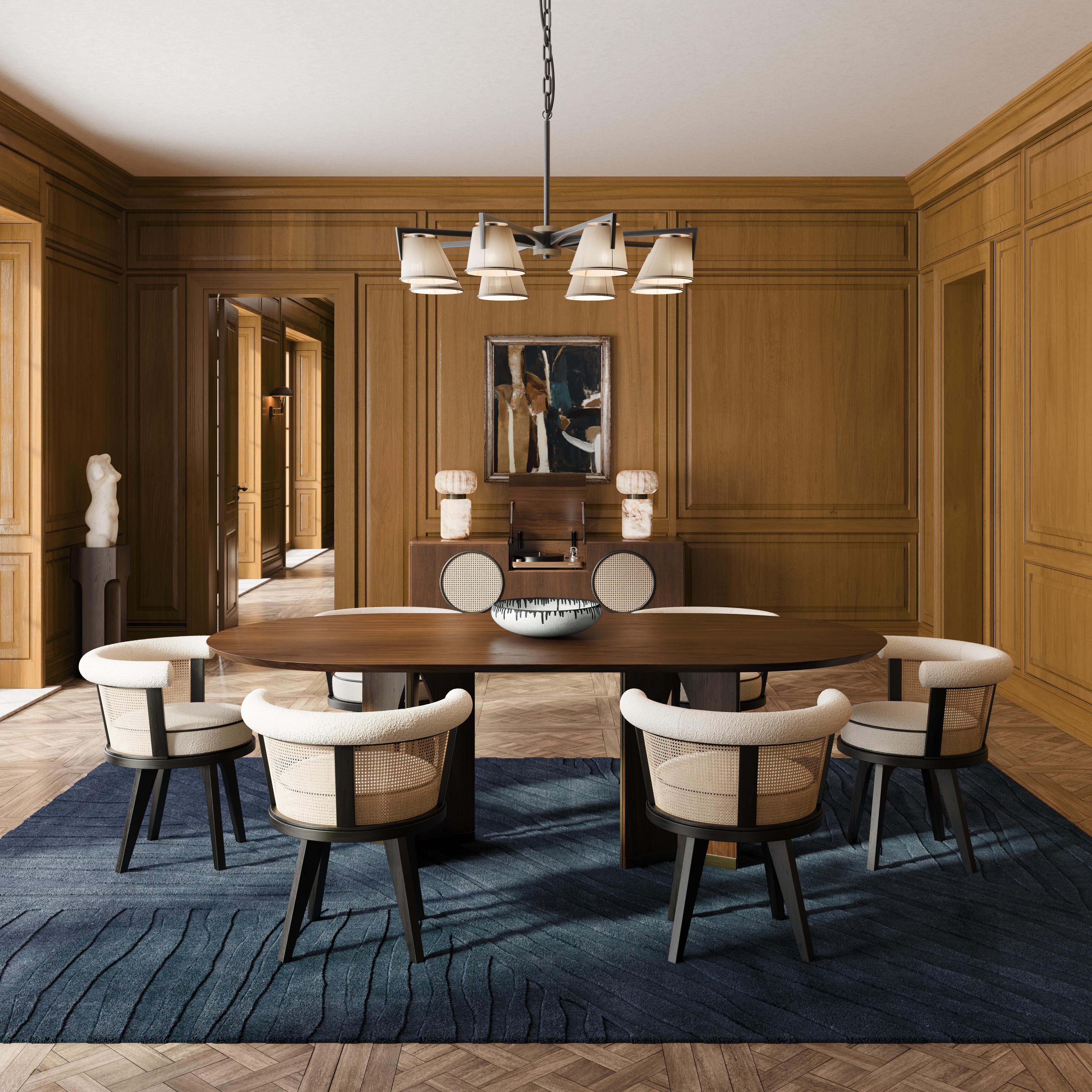 Lot de 8 chaises de salle à manger du 21e siècle en cuir, velours et rotin Oak en vente 6