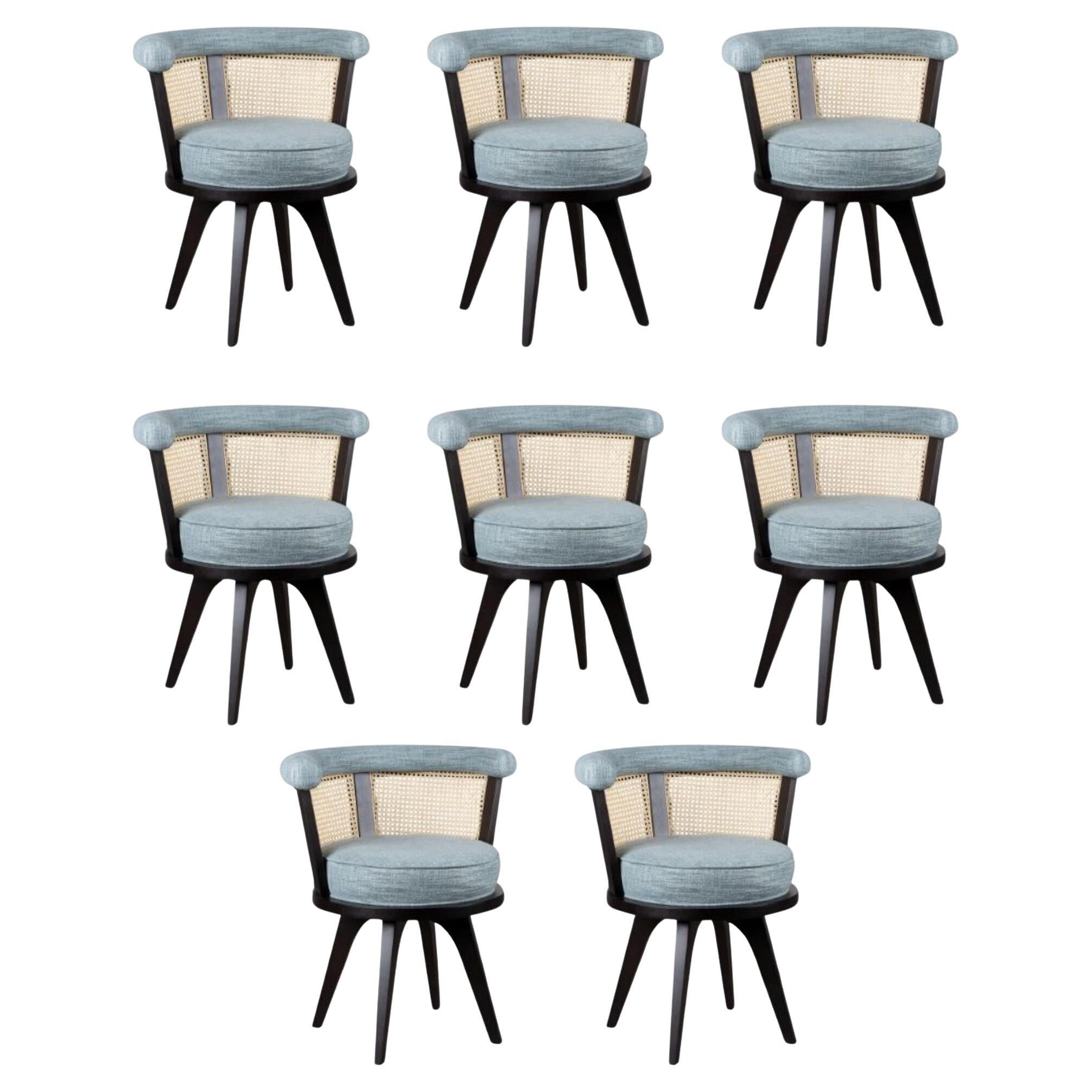 Set of 8 21st Century Leather Velvet Rattan George Dining Chair Oak