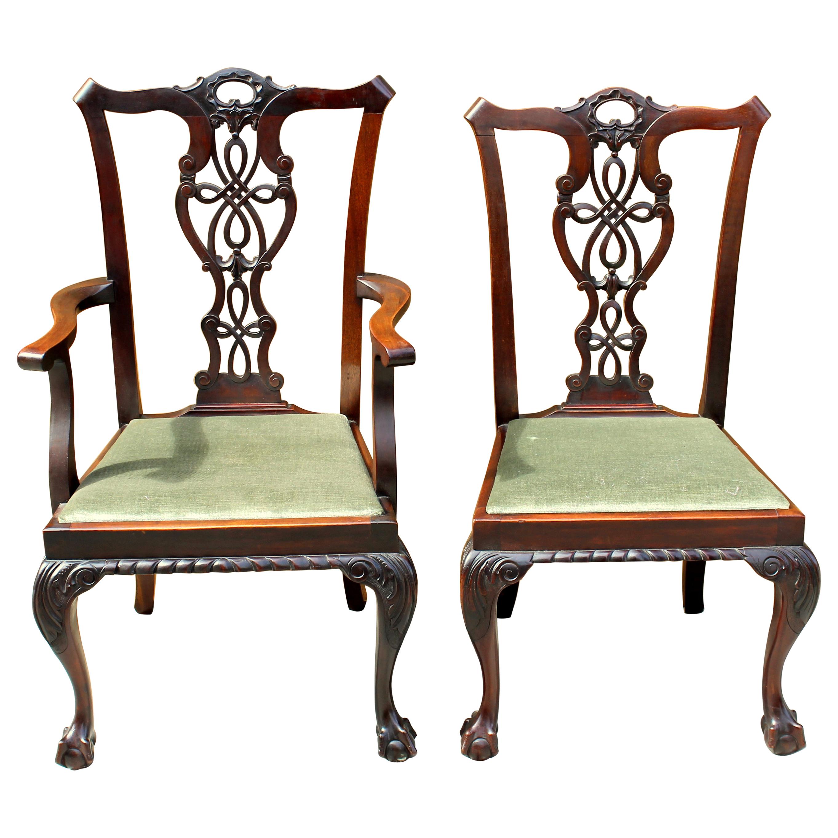 Set of 8 '6+2' Antique English Solid Mahogany Chippendale Style Dining Chairs