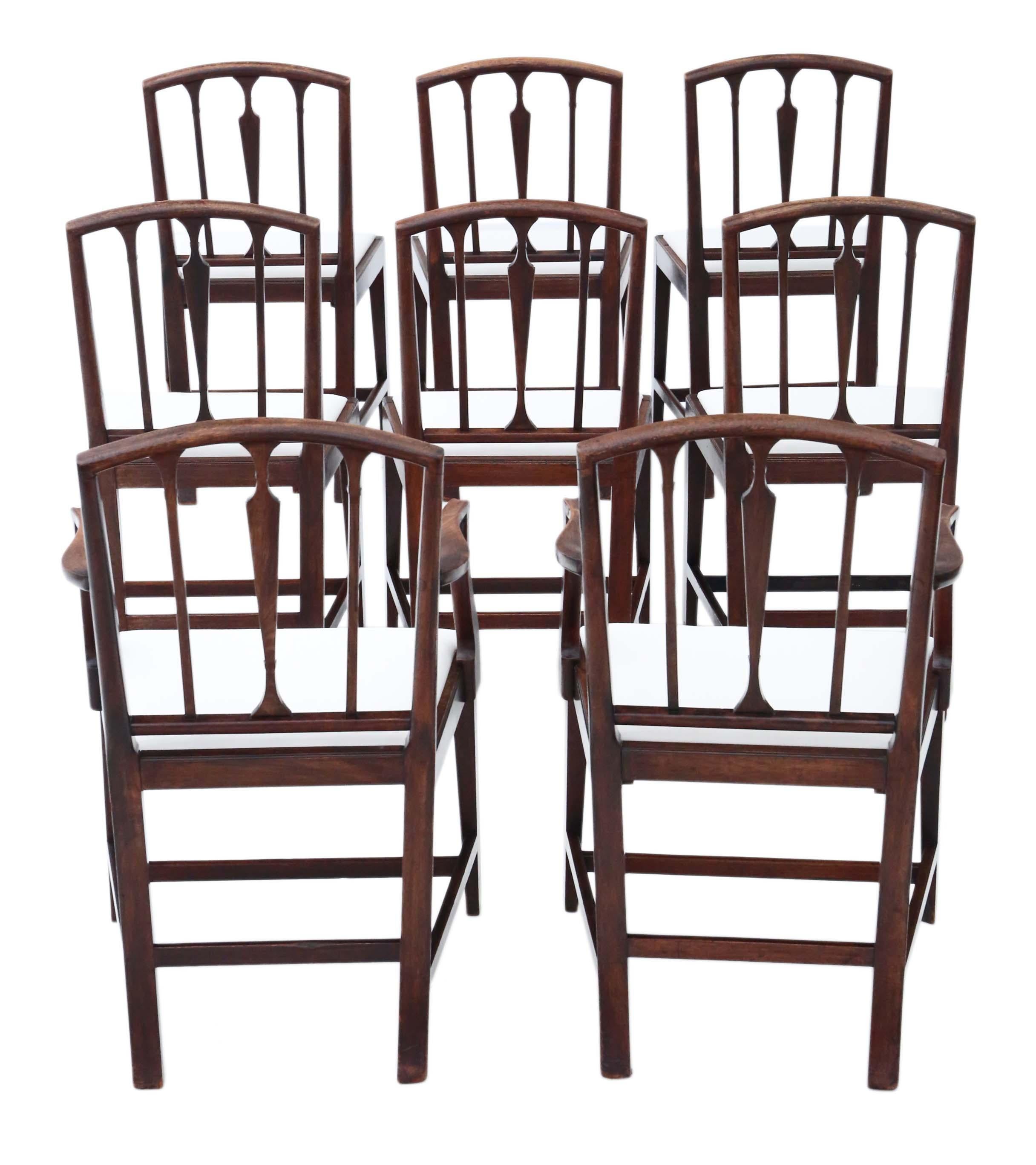 Antique fine quality set of 8 (6+2) Georgian mahogany dining chairs, circa 1790.
Solid with no loose joints. Lovely elegant design. No woodworm.
Recent upholstery in a heavy weight fabric.
Overall maximum dimensions:
Carver 56cmW x 54cmD x 93cmH