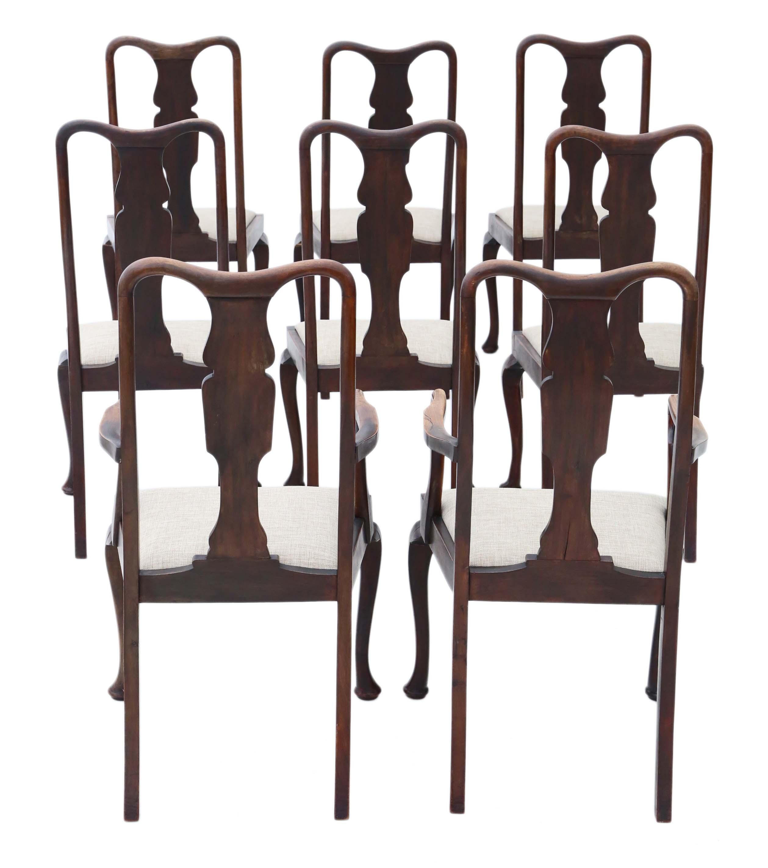 Antique set of 8 (6+2) mahogany Queen Anne revival dining chairs.
Date from circa 1910.
No loose joints and no woodworm. Great Queen Anne styling.
New upholstery.
Overall maximum dimensions:
Chair, 53cm W x 53cm D x 110cm H (47cm H seat when