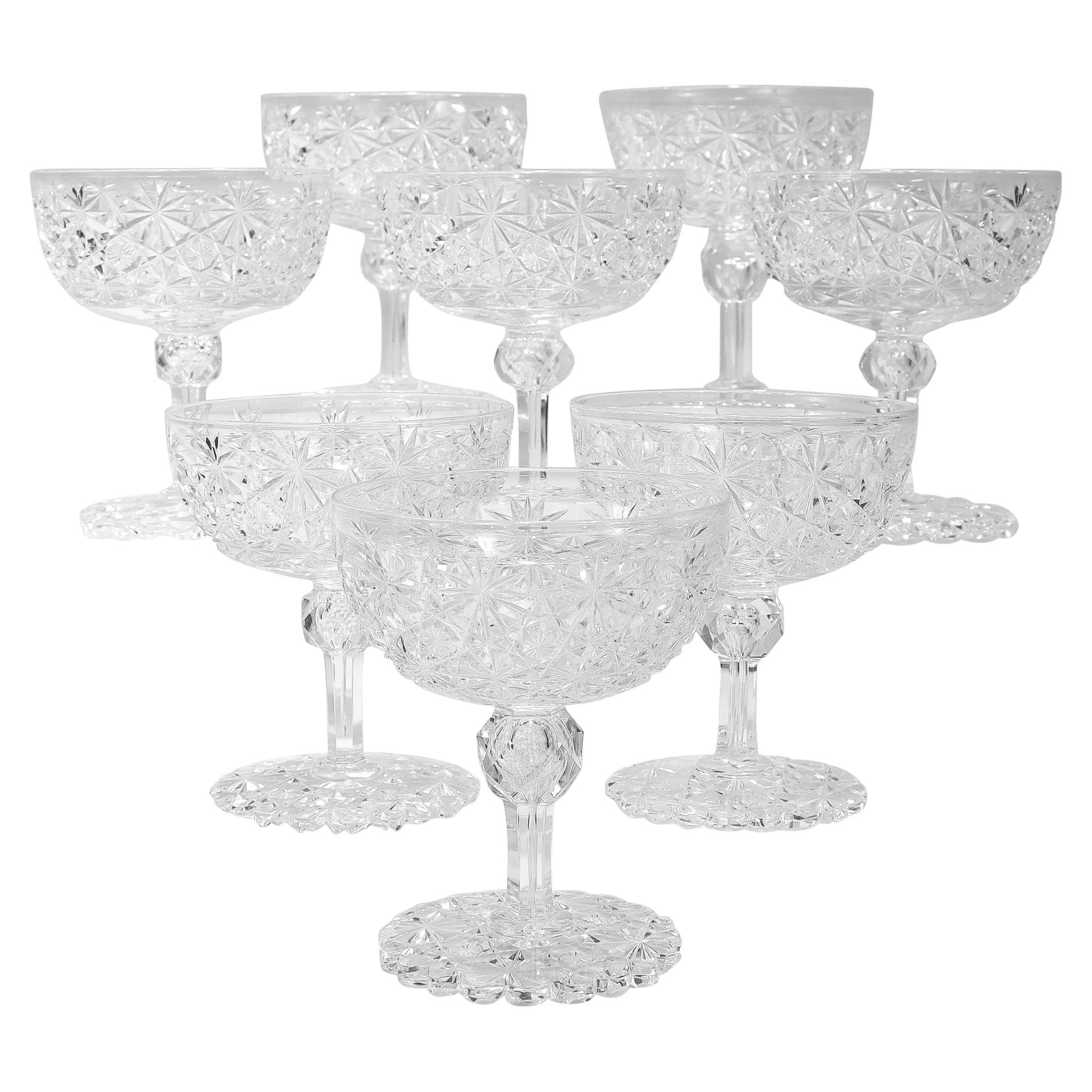 Set of 8 ABP Hawkes Attributed Russian Cut Glass Champagne Stems For Sale