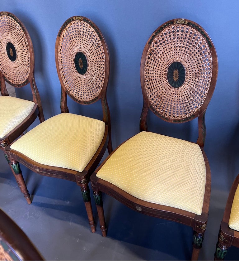 Set of 8 Adams Style Painted Satinwood Cane Back Dining Room Chairs For