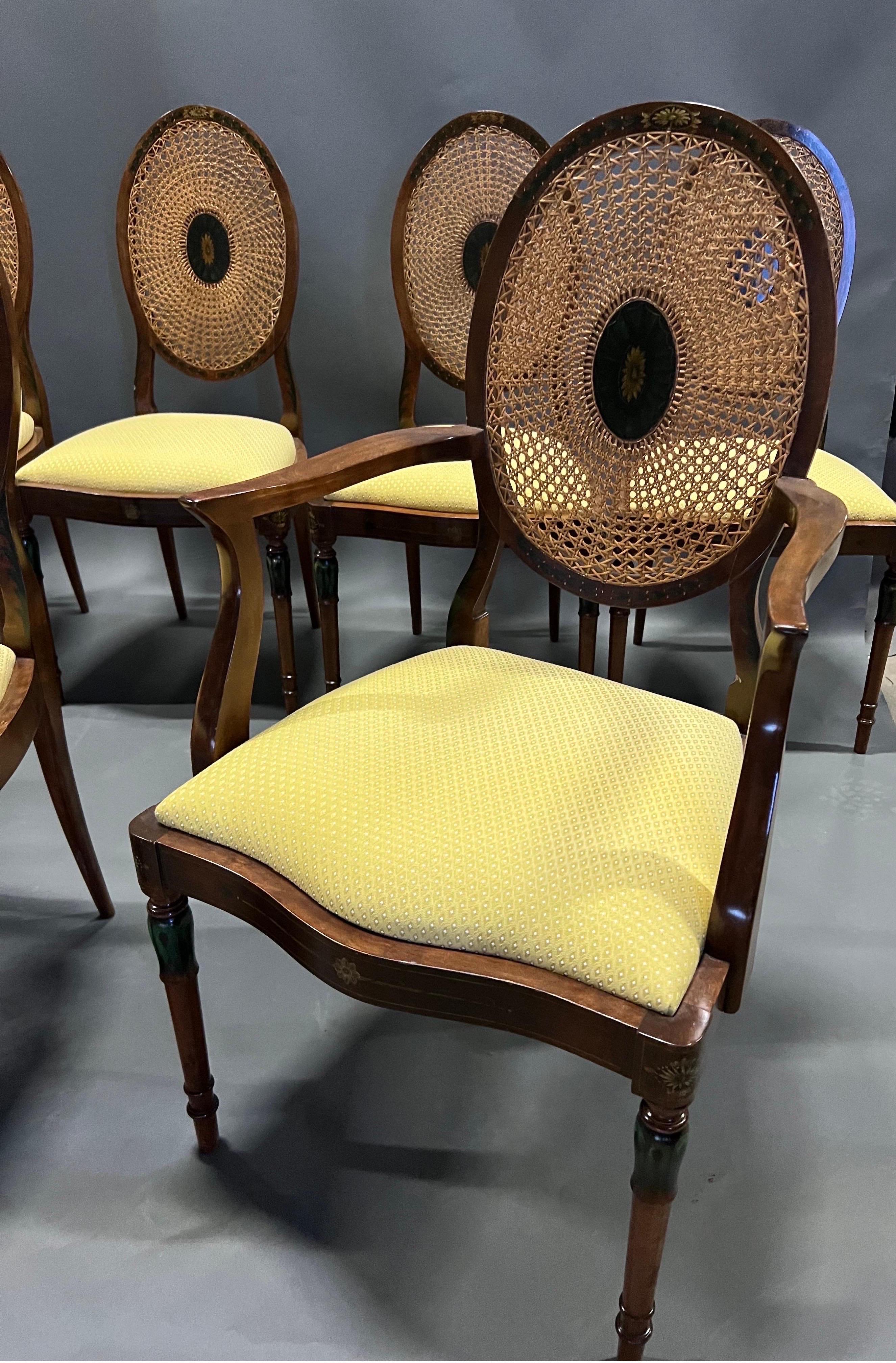 Set of 8 Adams Style Painted Satinwood Cane Back Dining Room Chairs 2