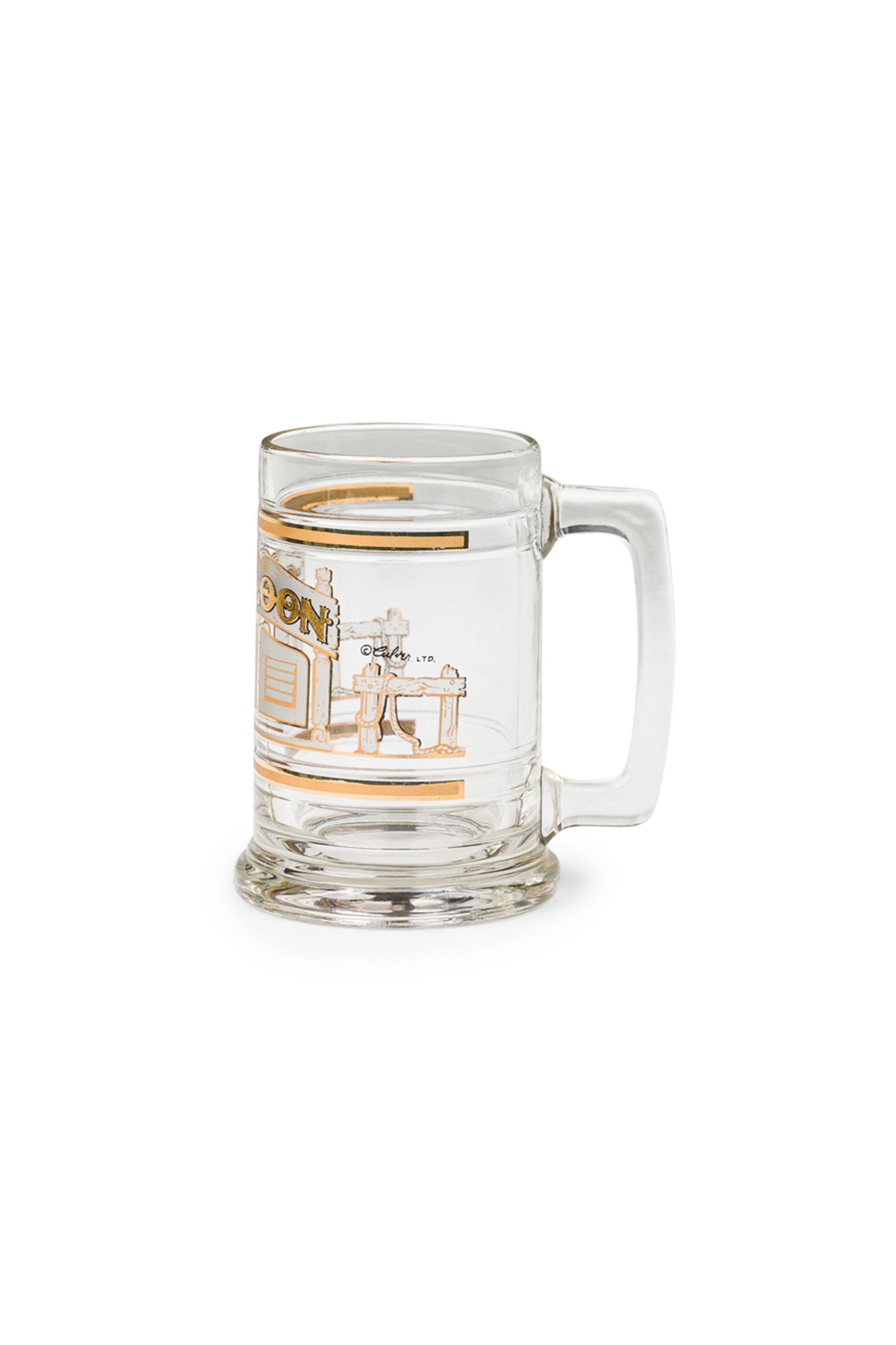 CONJUNTO de jarras de cerveza americanas de cristal de mediados de siglo con 2 adornos dorados y decoradas con puertas de berlinas (firmado: CULVER LTD) (PRECIADO COMO CONJUNTO)