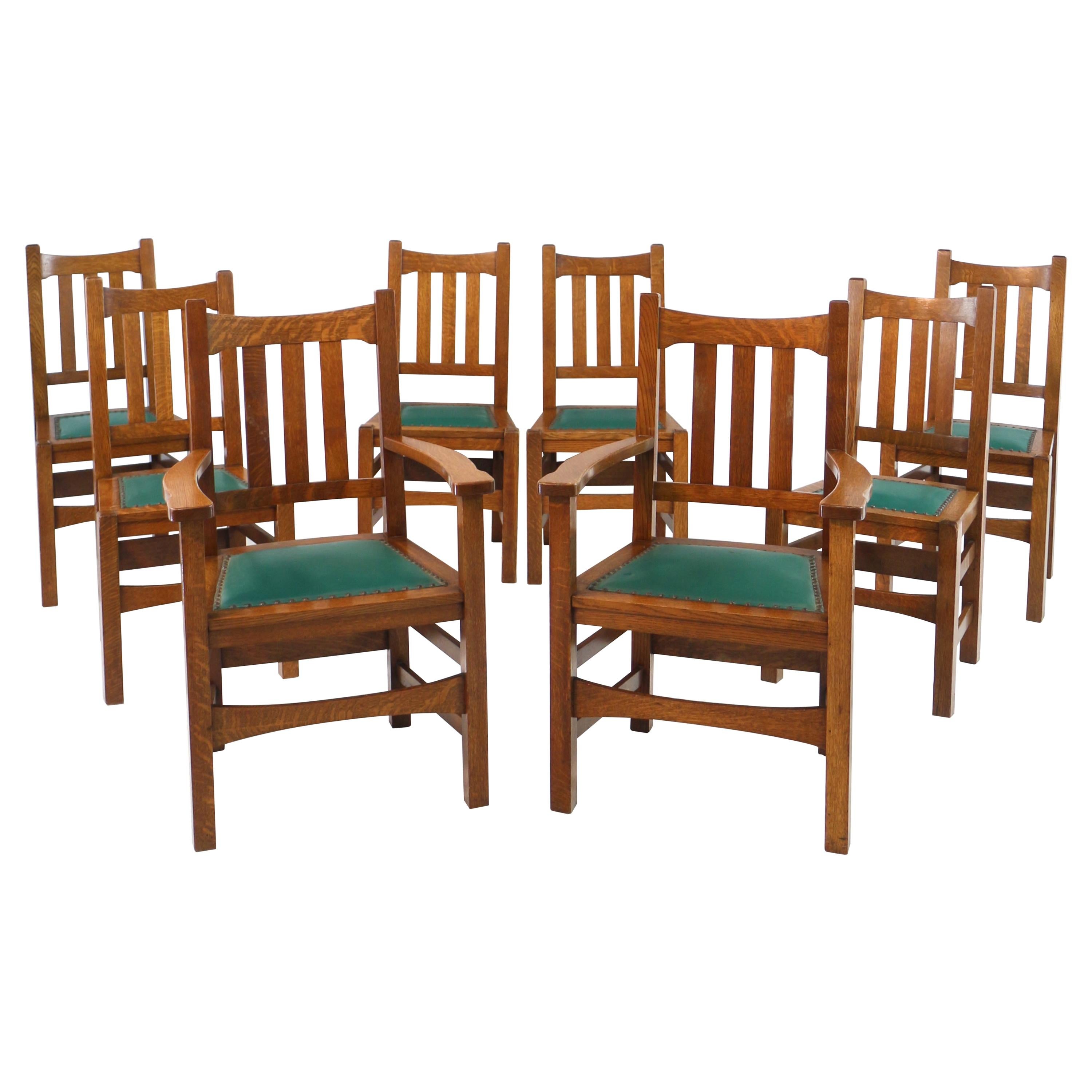Set of 8 American Stickley Arts & Crafts Mission Oak Dining Chairs, circa 1900