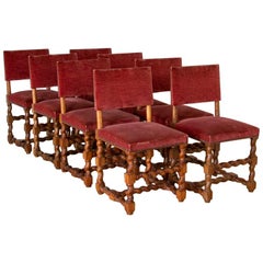 Set of 8 Antique 19th Century Danish Oak Dining Chairs with Original Velvet Upho