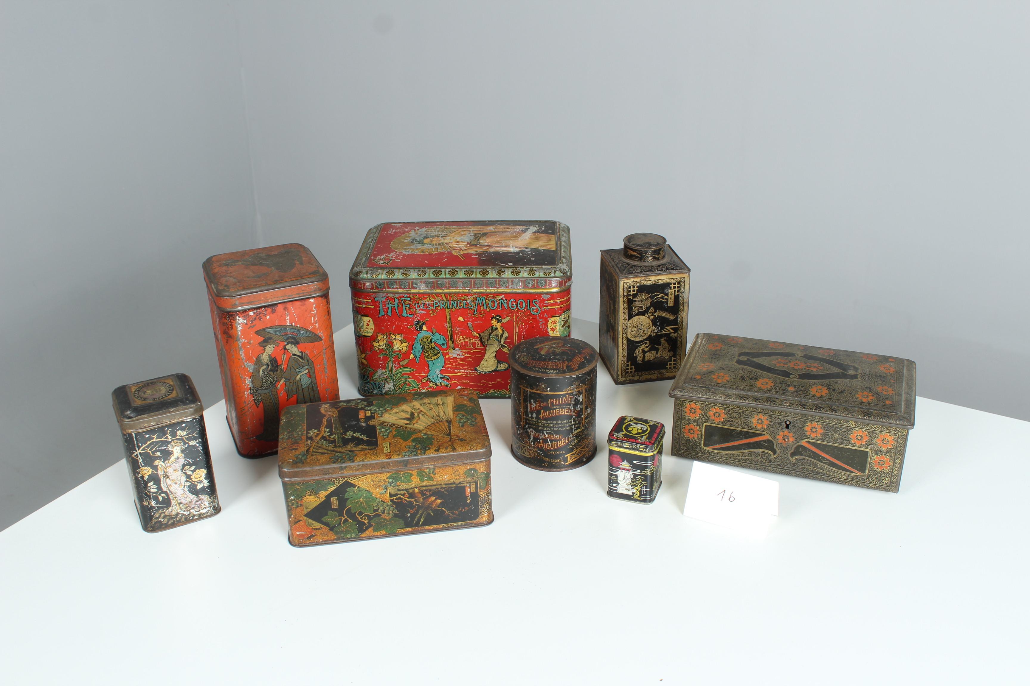 Set von 8 antiken asiatischen Zinndosen aus Frankreich, Jugendstil, Art déco, Tee-Tindosen im Angebot 6