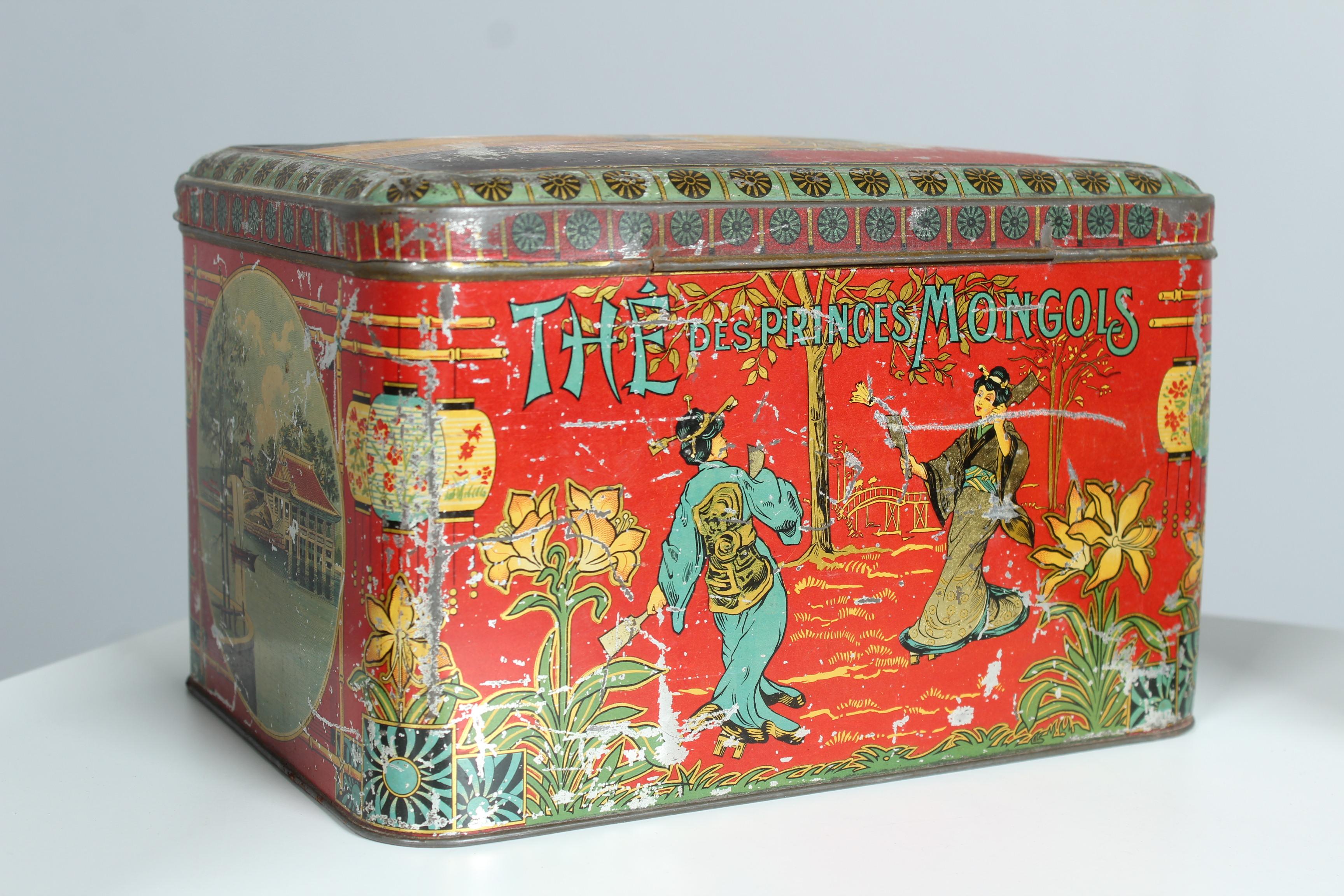 Set von 8 antiken asiatischen Zinndosen aus Frankreich, Jugendstil, Art déco, Tee-Tindosen im Angebot 8