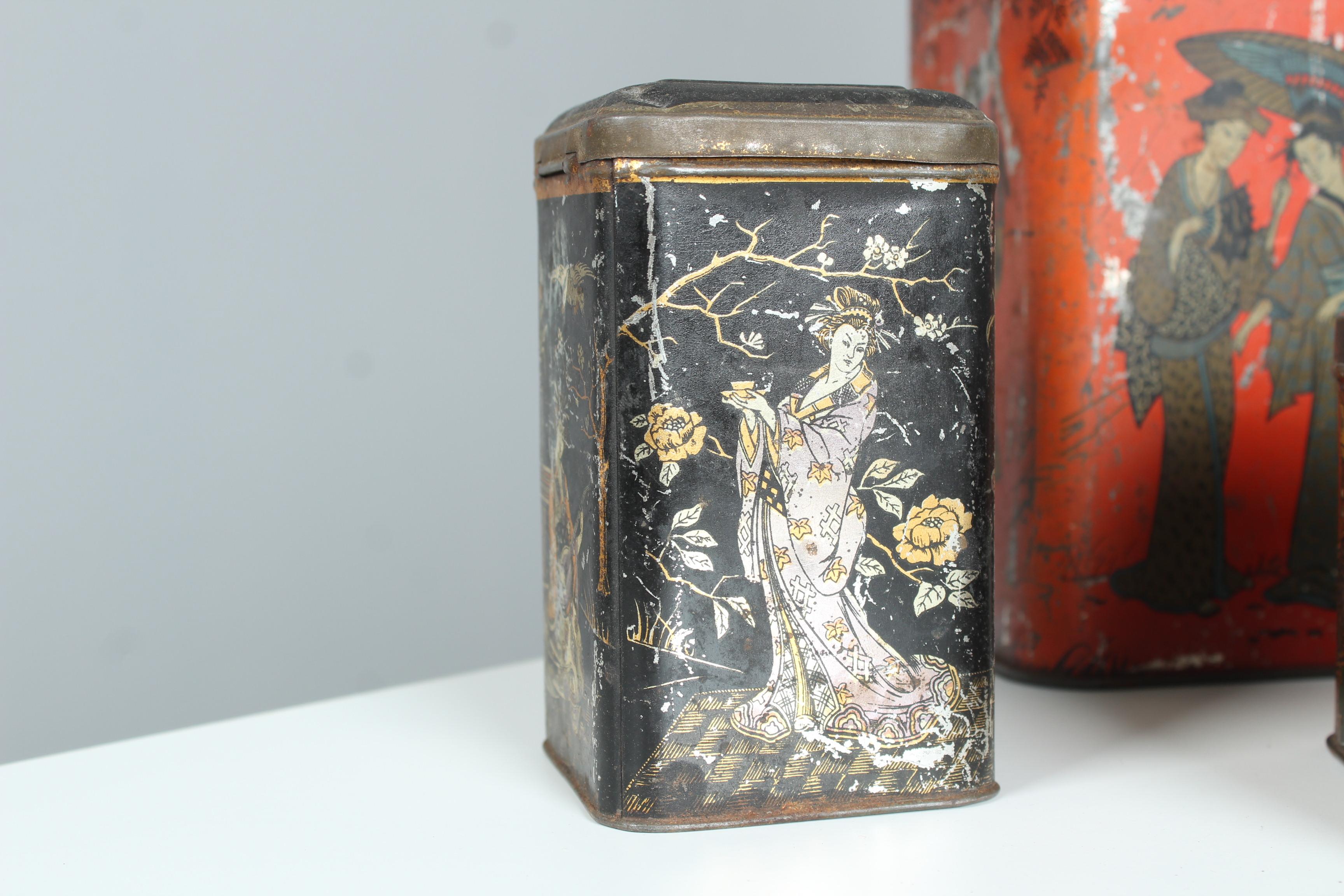 Set Of 8 Antique Asian Tin Cans from France, Art Nouveau, Art Deco, Tea Tin Cans For Sale 2