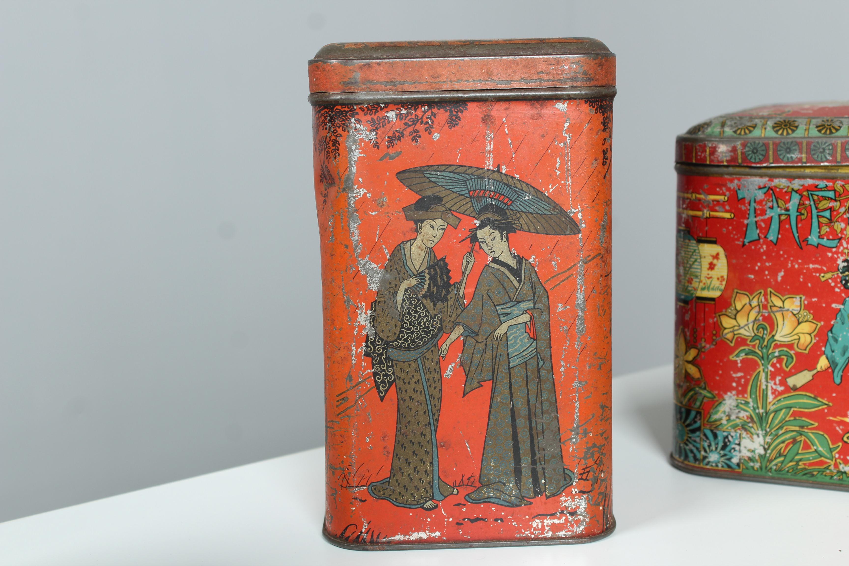 Set von 8 antiken asiatischen Zinndosen aus Frankreich, Jugendstil, Art déco, Tee-Tindosen im Angebot 3